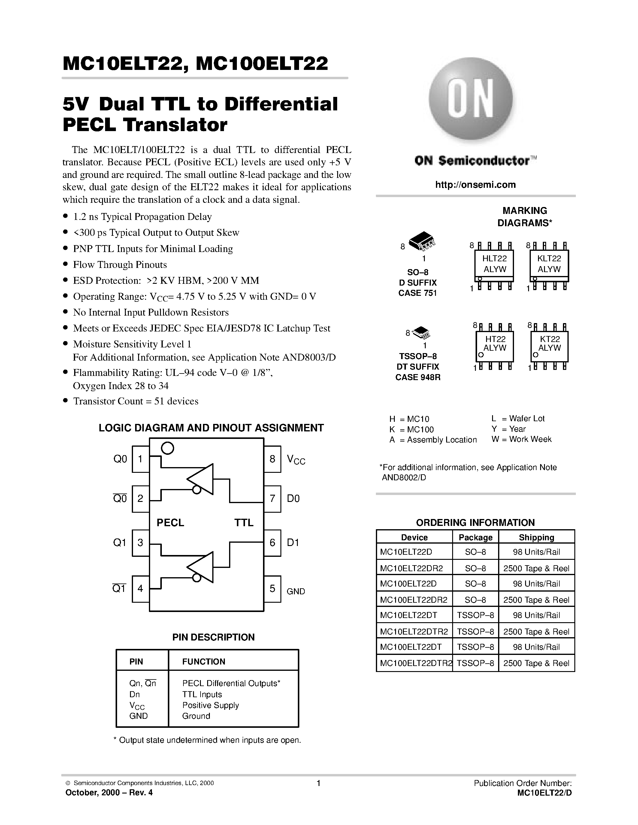 Datasheet MC10-100ELT22 - 5VDual TTL to Differential PECL Translator page 1