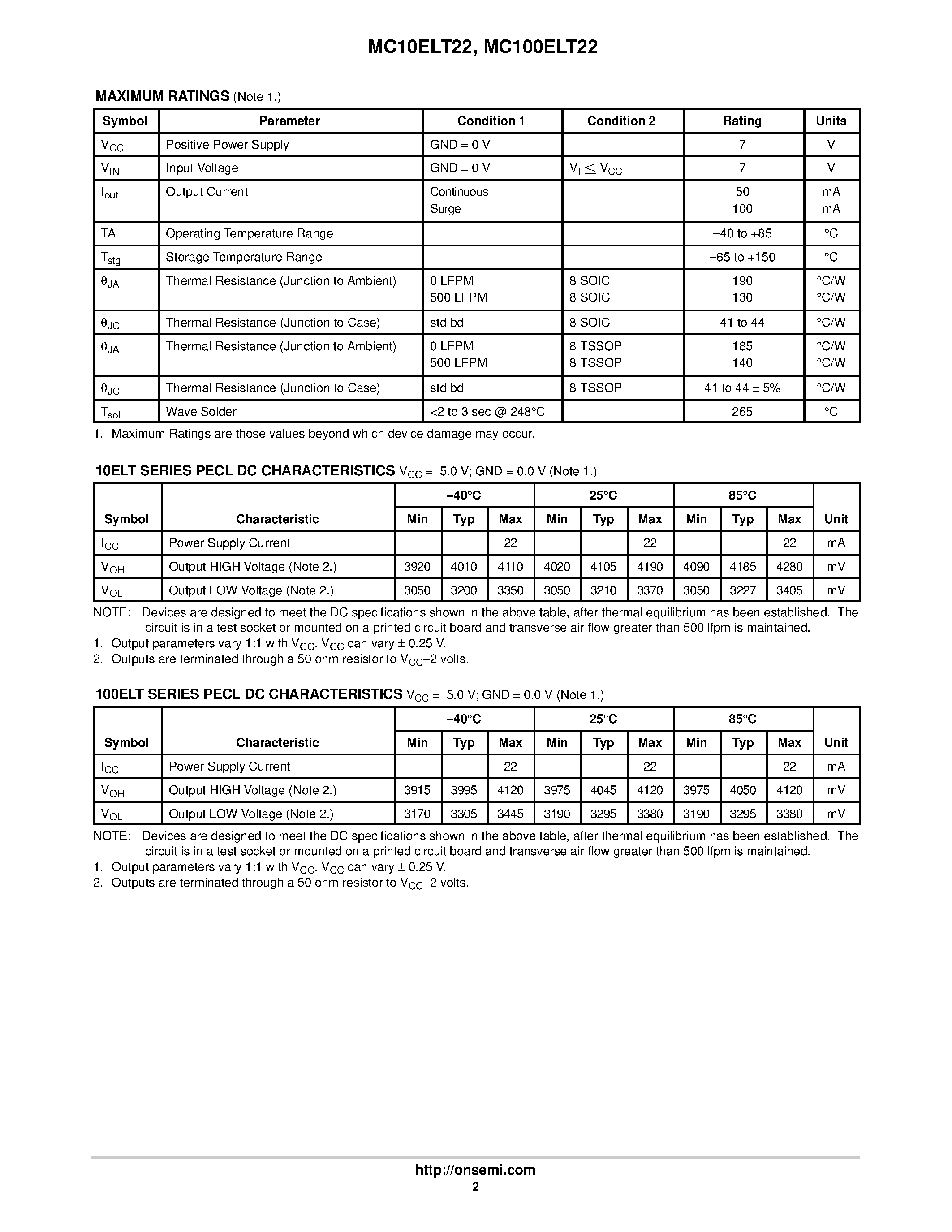 Datasheet MC10-100ELT22 - 5VDual TTL to Differential PECL Translator page 2