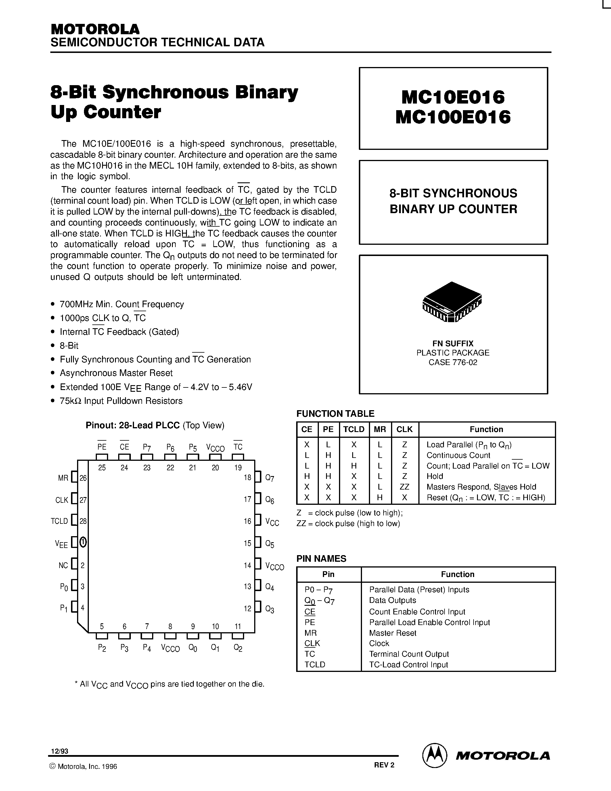 Datasheet MC100E016FN - 8-Bit Synchronous Binary Up Counter page 1