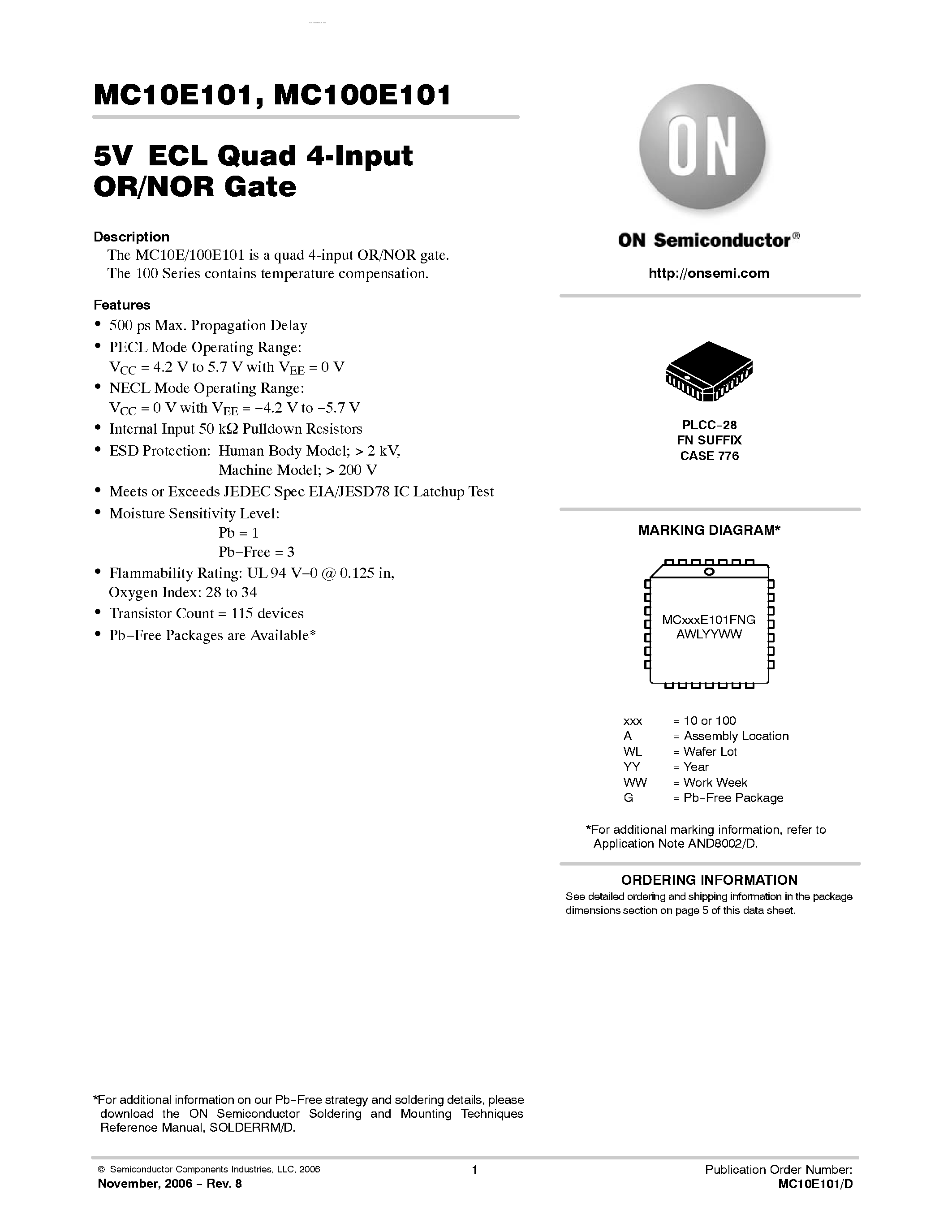 Datasheet MC100E101 - QUAD 4-INPUT OR/NOR GATE page 1