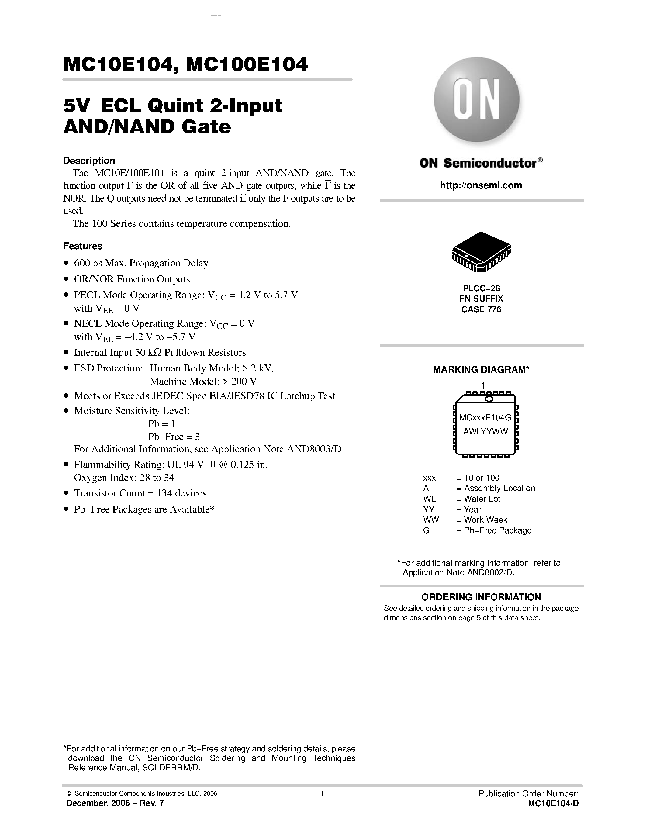 Datasheet MC100E104 - QUINT 2-INPUT AND/NAND GATE page 1