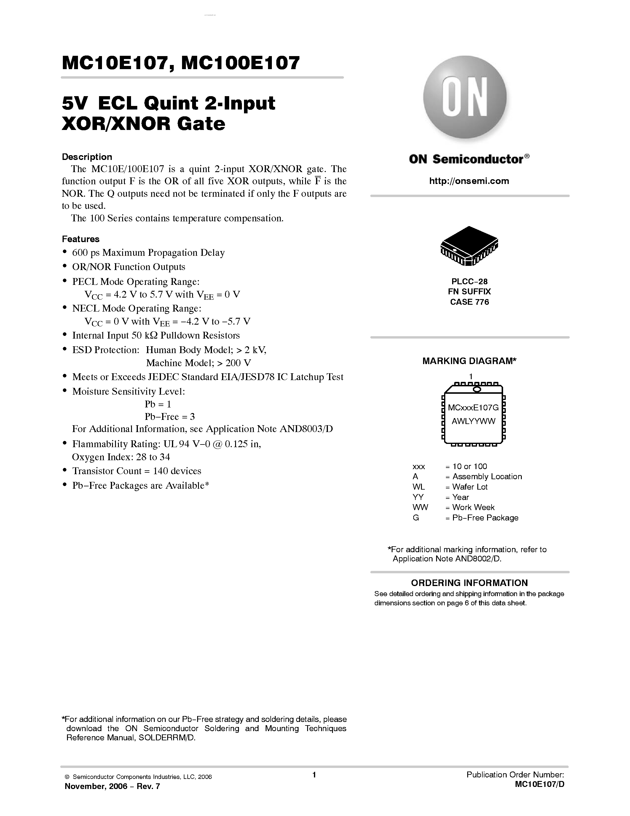 Datasheet MC100E107 - QUINT 2-INPUT XOR/XNOR GATE page 1