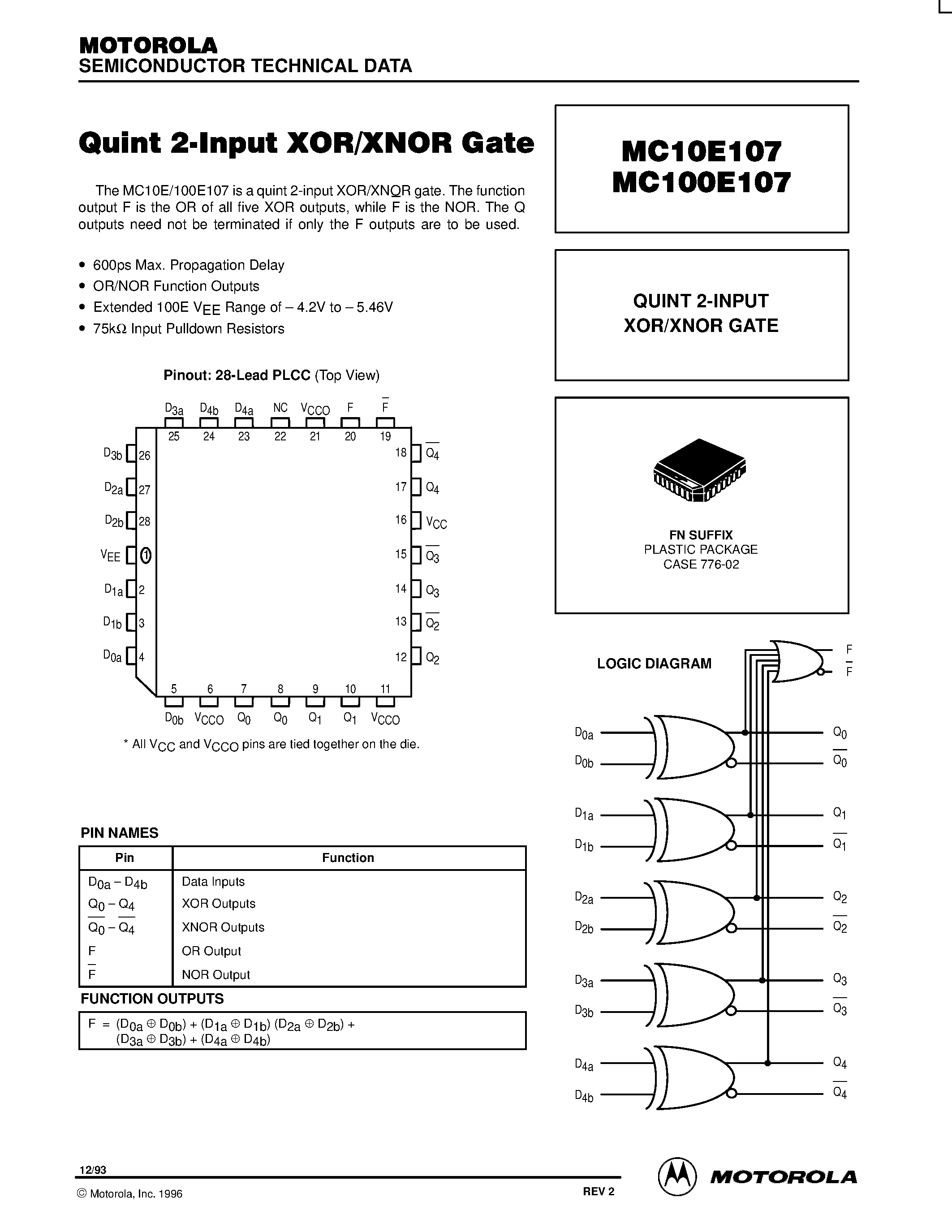 Datasheet MC100E107FN - QUINT 2-INPUT XOR/XNOR GATE page 1