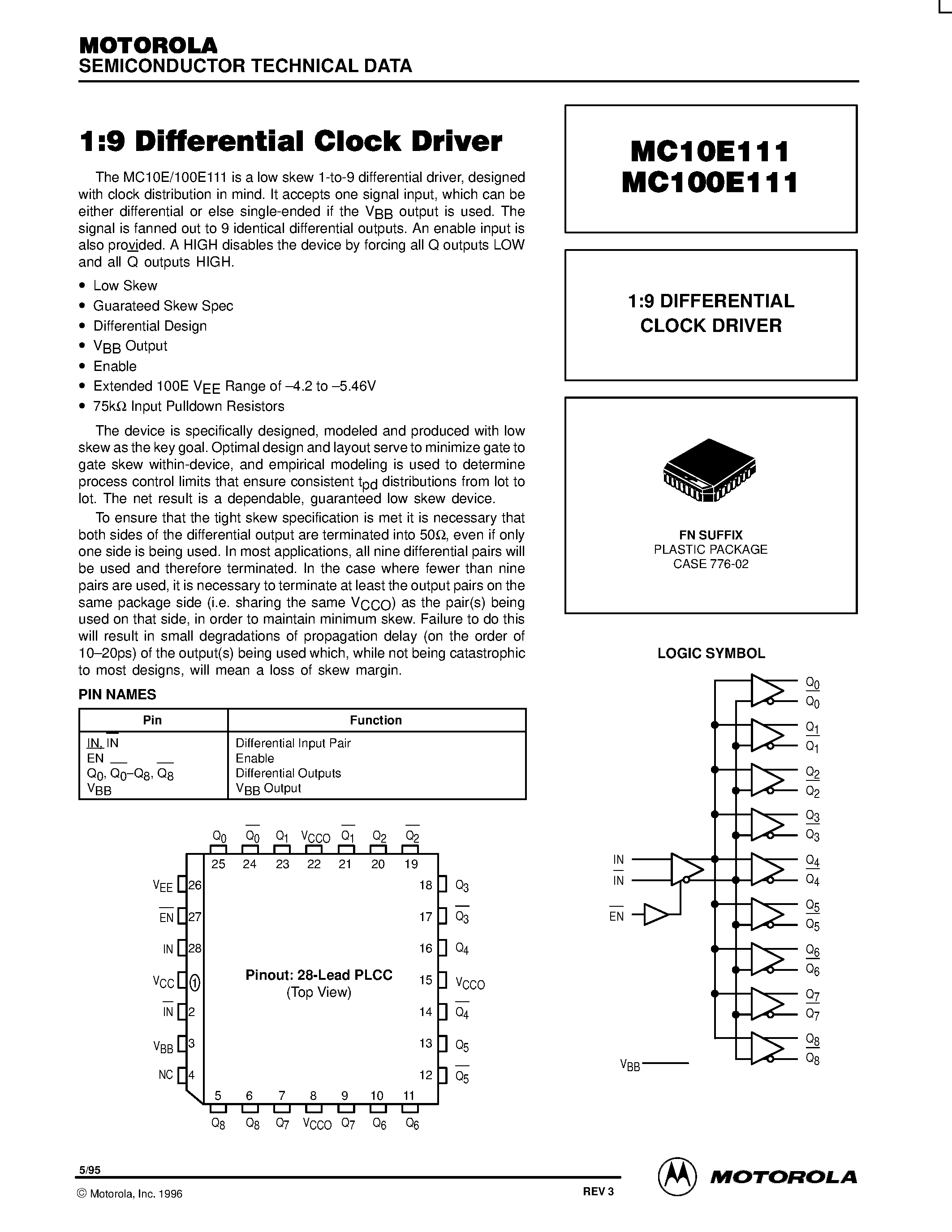 Datasheet MC100E111FN - 1:9 DIFFERENTIAL CLOCK DRIVER page 1