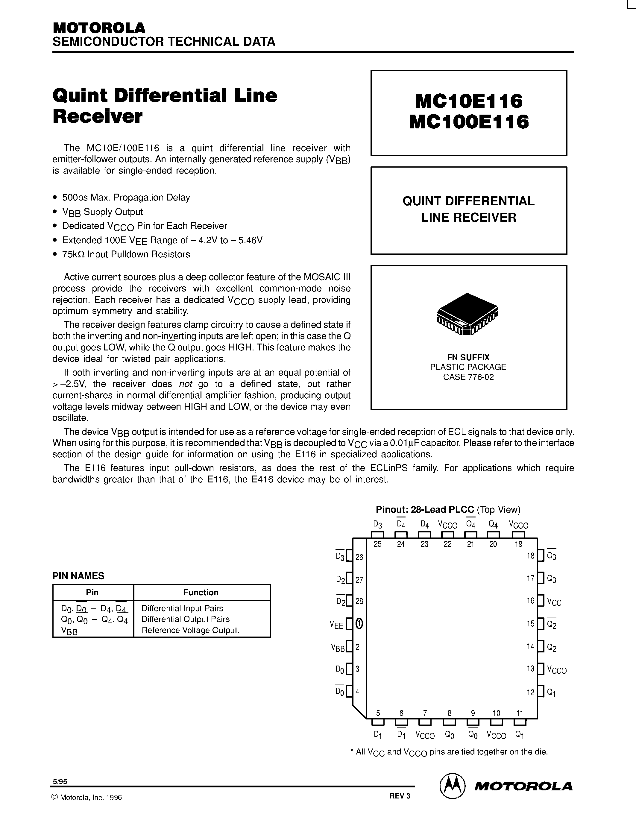 Datasheet MC100E116FN - QUINT DIFFERENTIAL LINE RECEIVER page 1