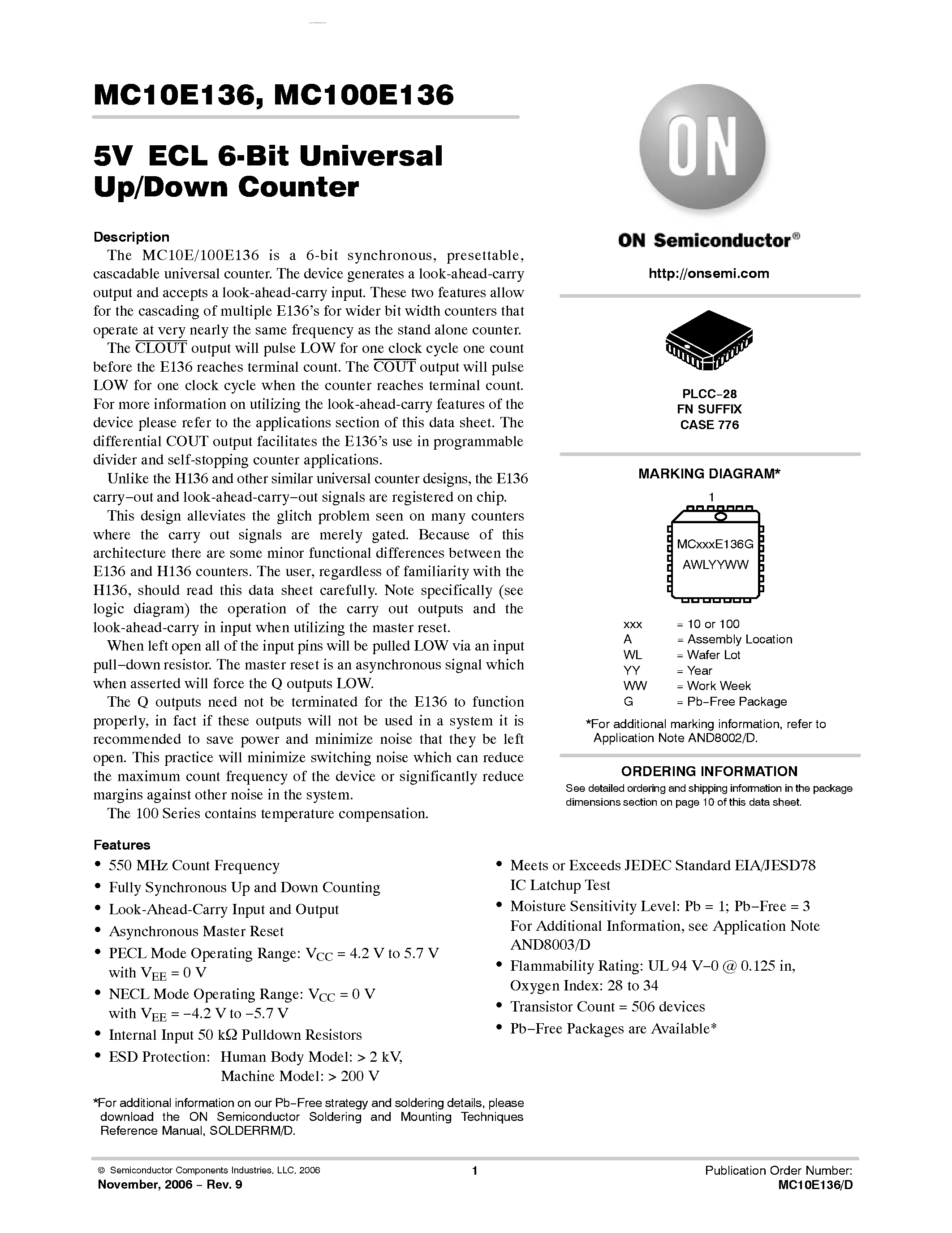Datasheet MC100E136 - 6-BIT UNIVERSAL UP/DOWN COUNTER page 1