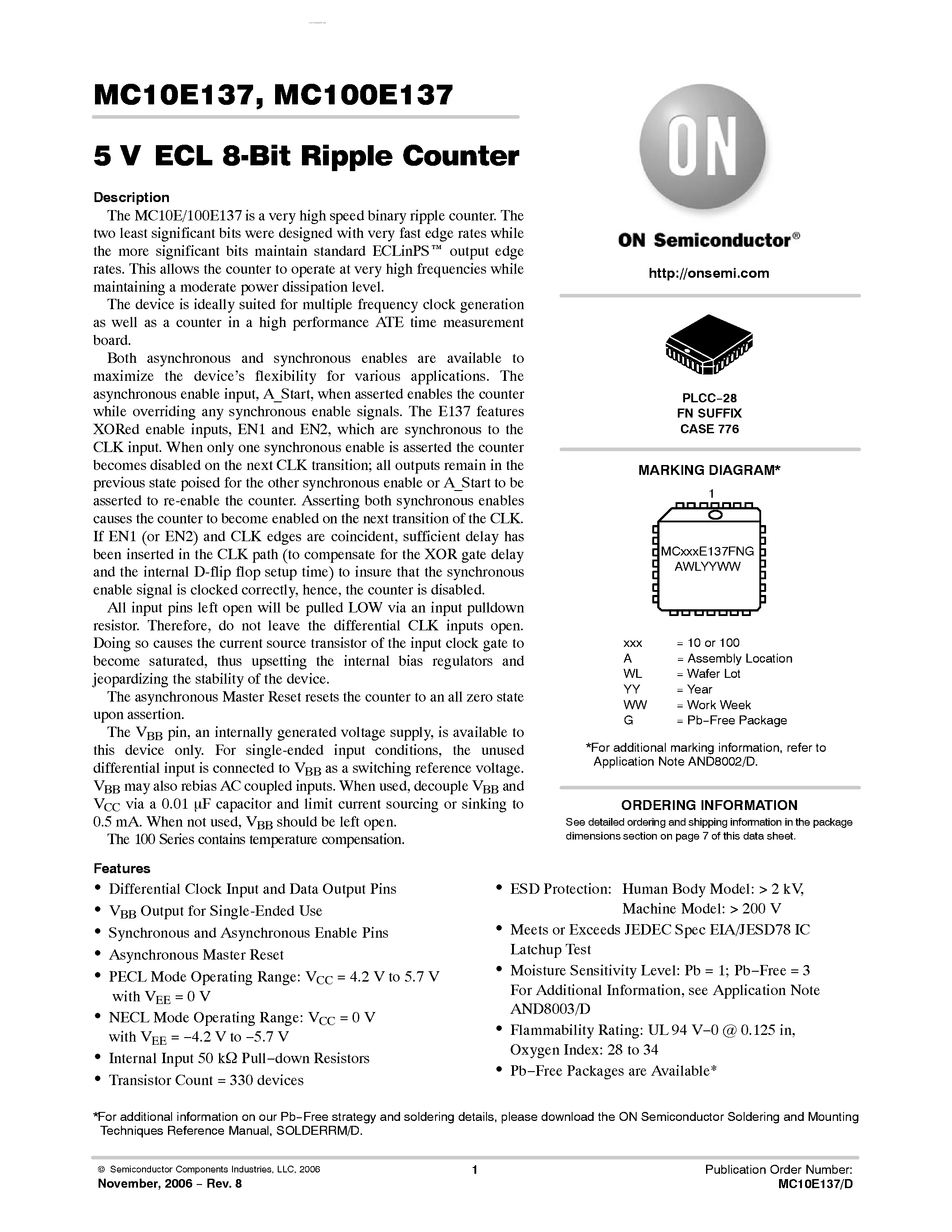 Datasheet MC100E137 - 8-BIT RIPPLE COUNTER page 1