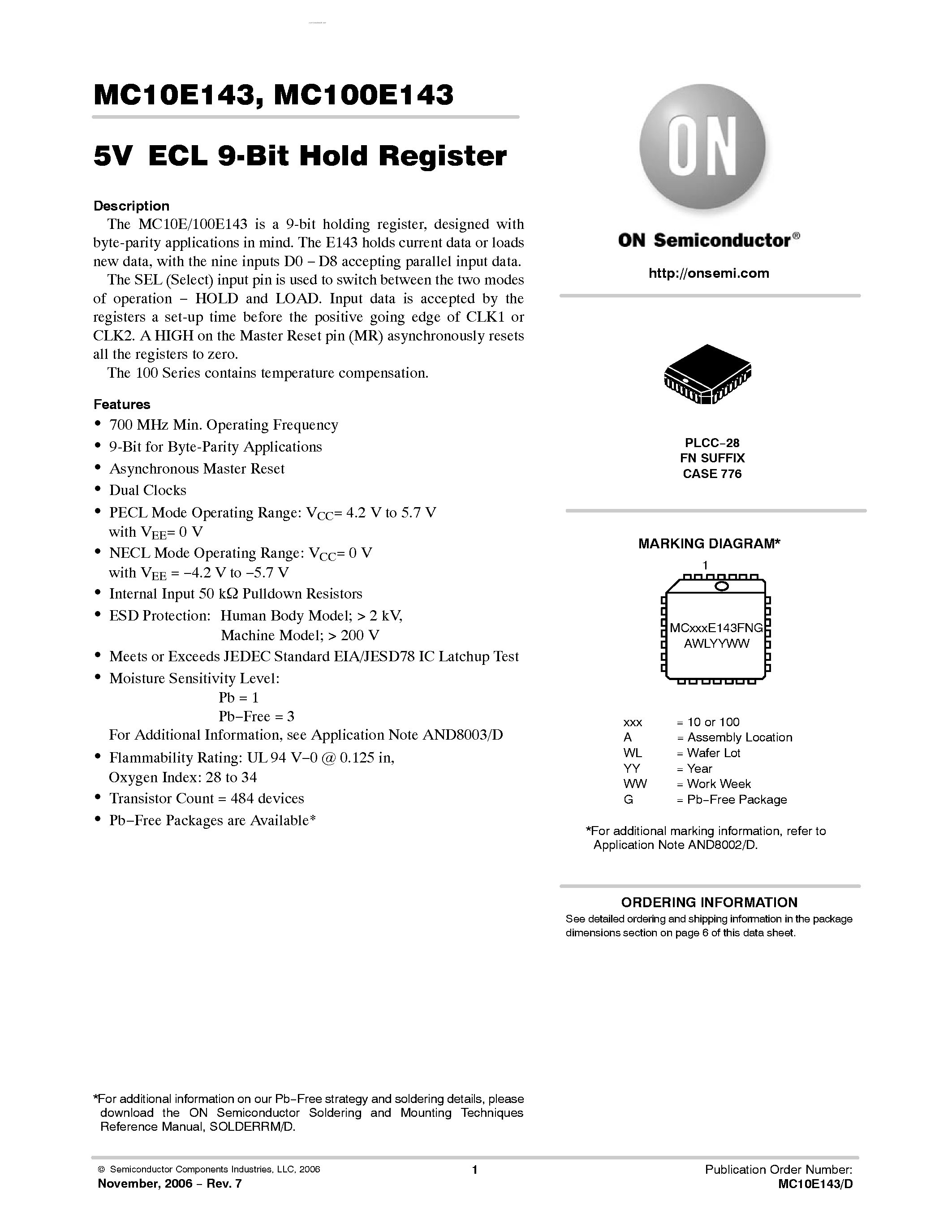 Datasheet MC100E143 - 9-BIT HOLD REGISTER page 1