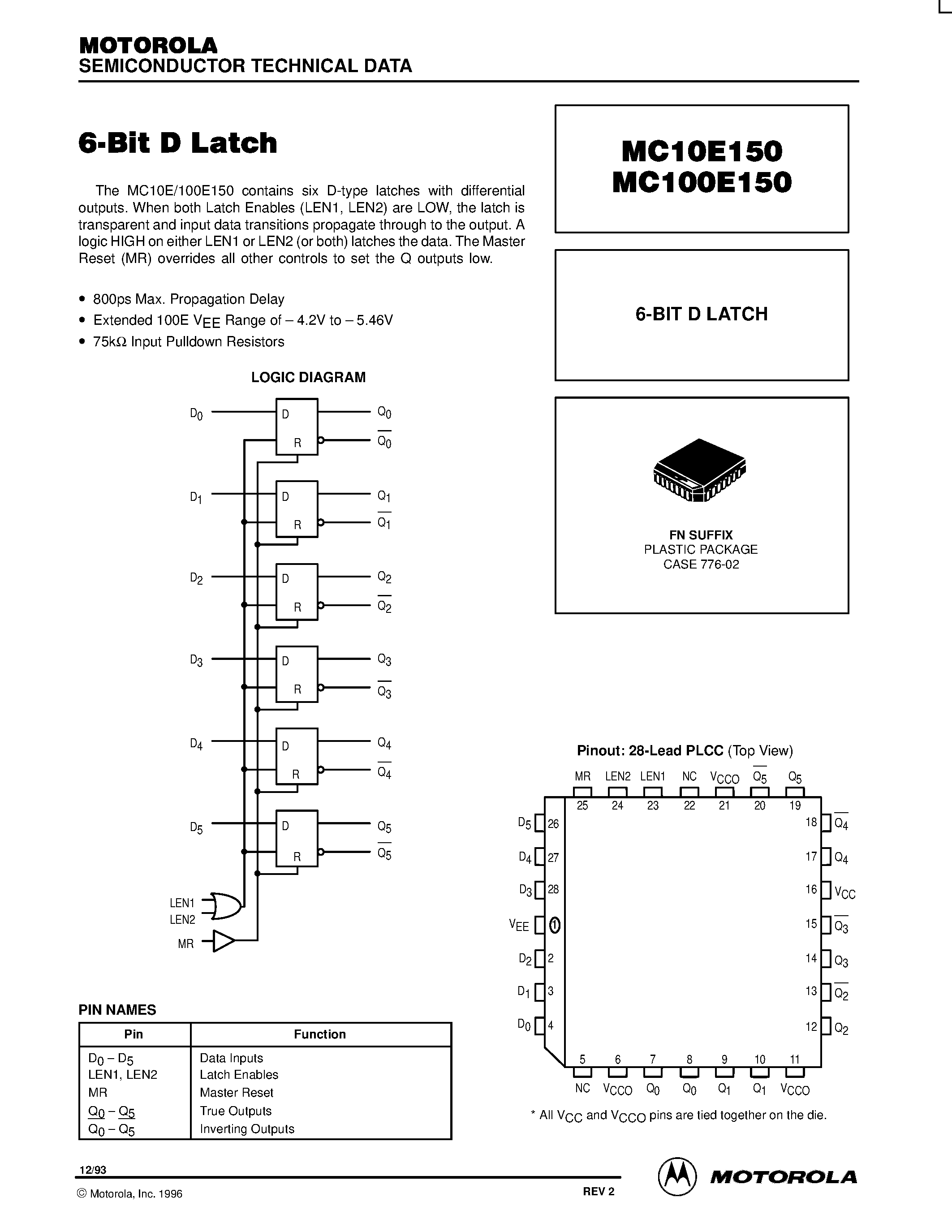 Даташит MC100E150FN - 6-BIT D LATCH страница 1