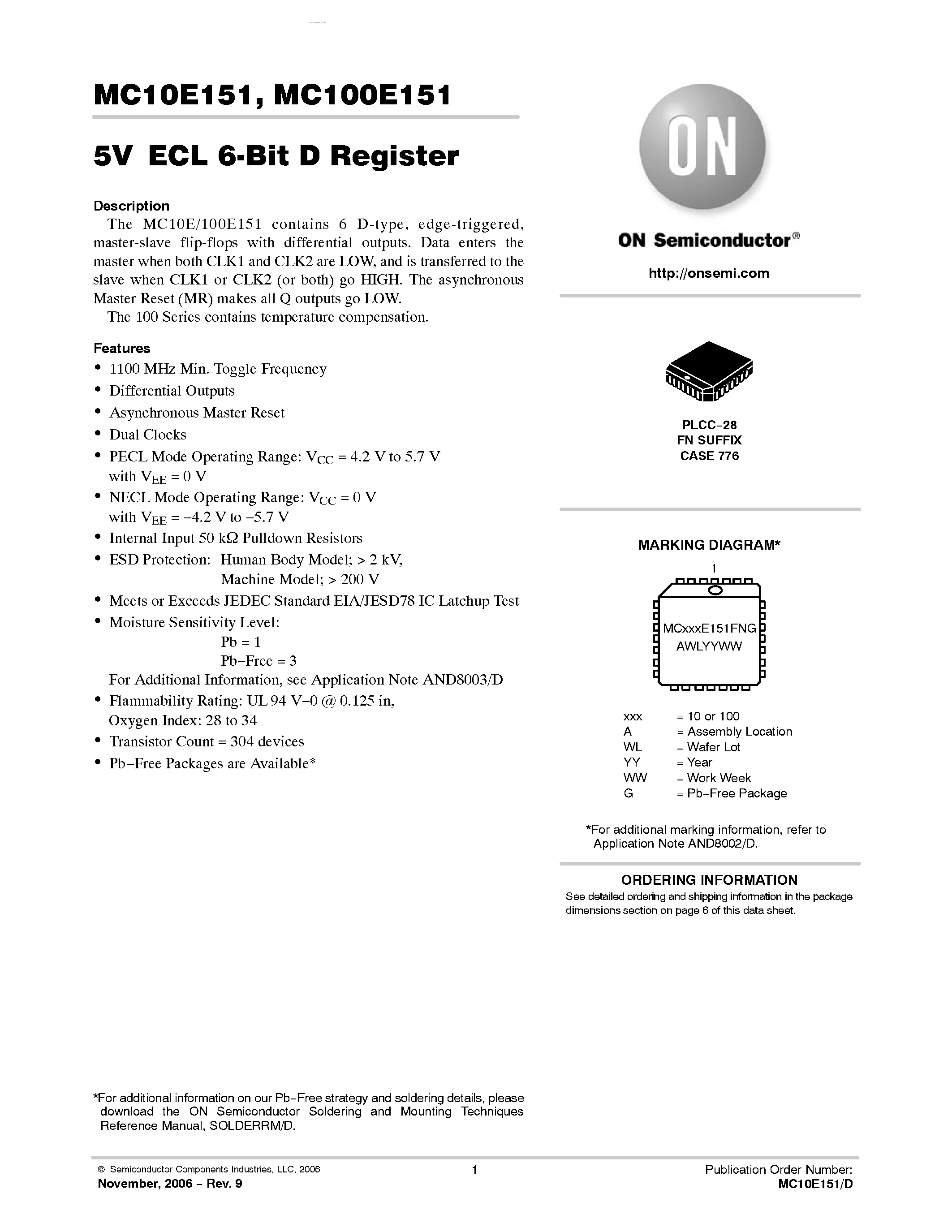 Даташит MC100E151 - 6-BIT D REGISTER страница 1
