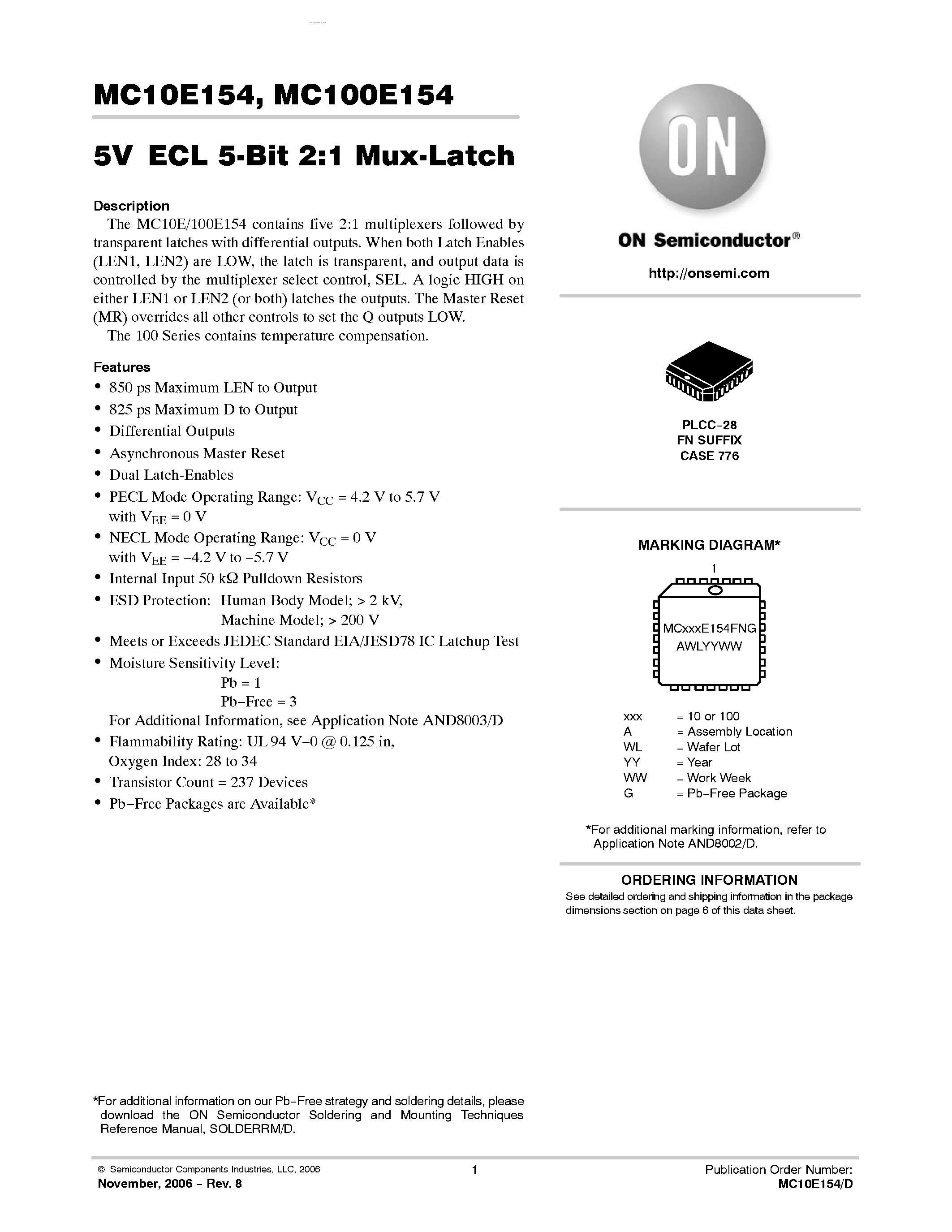 Datasheet MC100E154 - 5-BIT 2:1 MUX-LATCH page 1