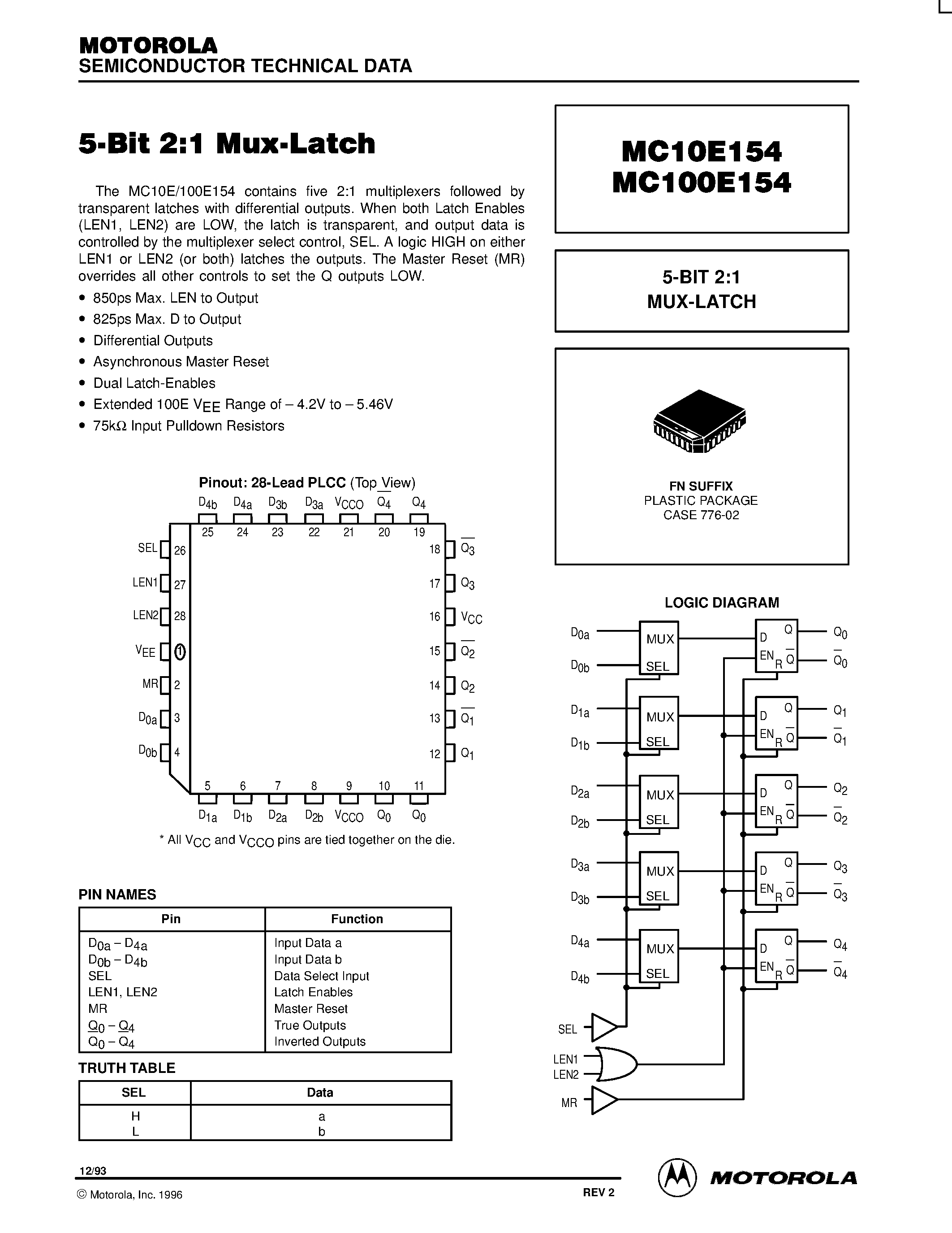 Datasheet MC100E154FN - 5-BIT 2:1 MUX-LATCH page 1