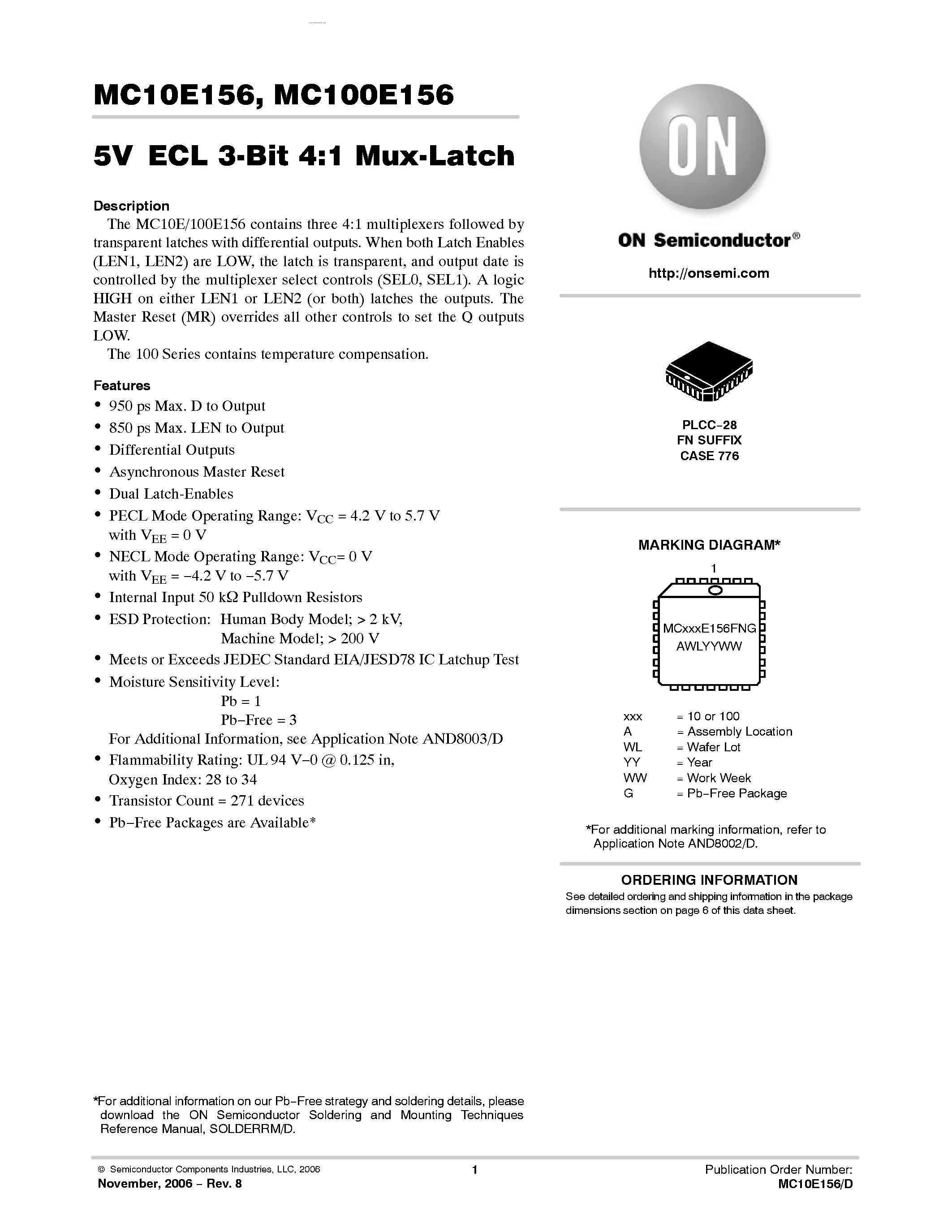 Datasheet MC100E156 - 3-BIT 4:1 MUX-LATCH page 1