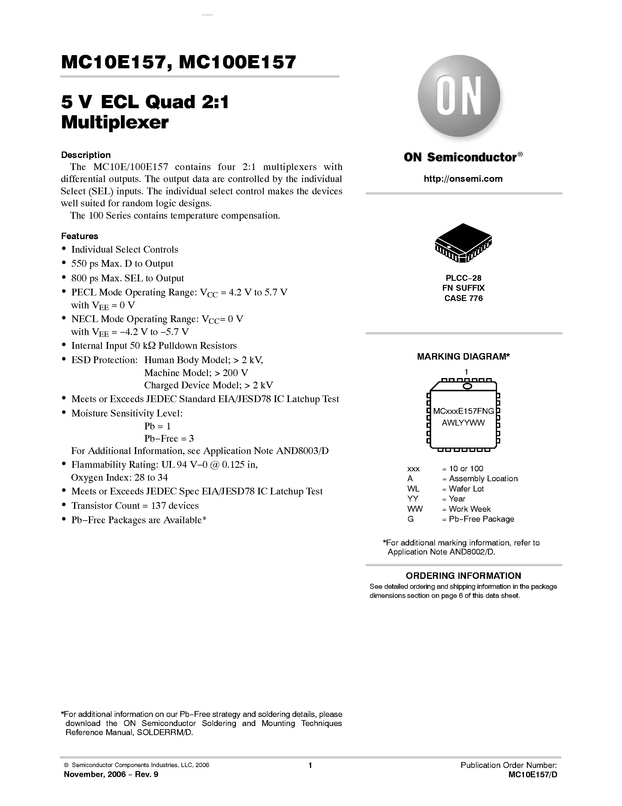 Datasheet MC100E157 - QUAD 2:1 MULTIPLEXER page 1
