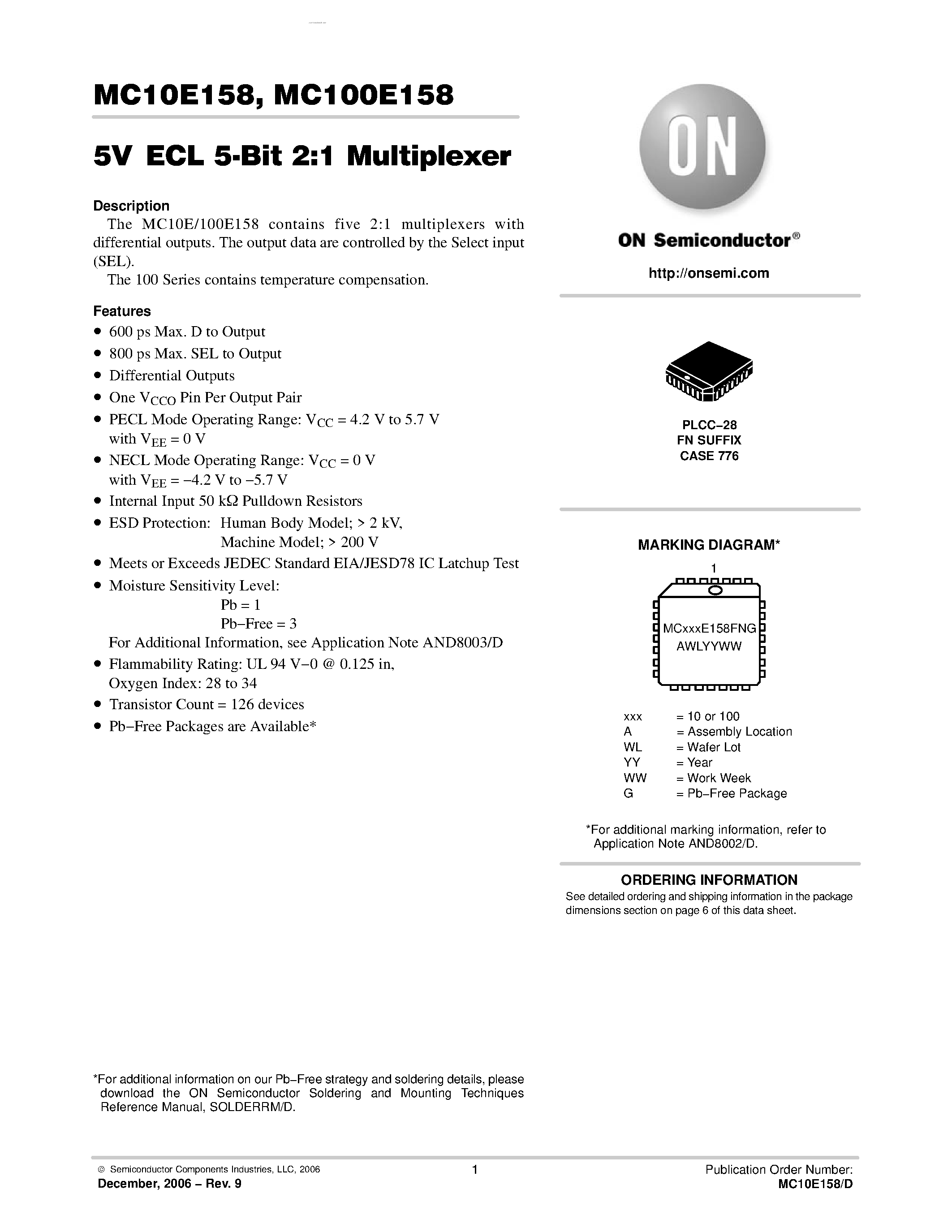 Datasheet MC100E158 - 5-BIT 2:1 MULTIPLEXER page 1