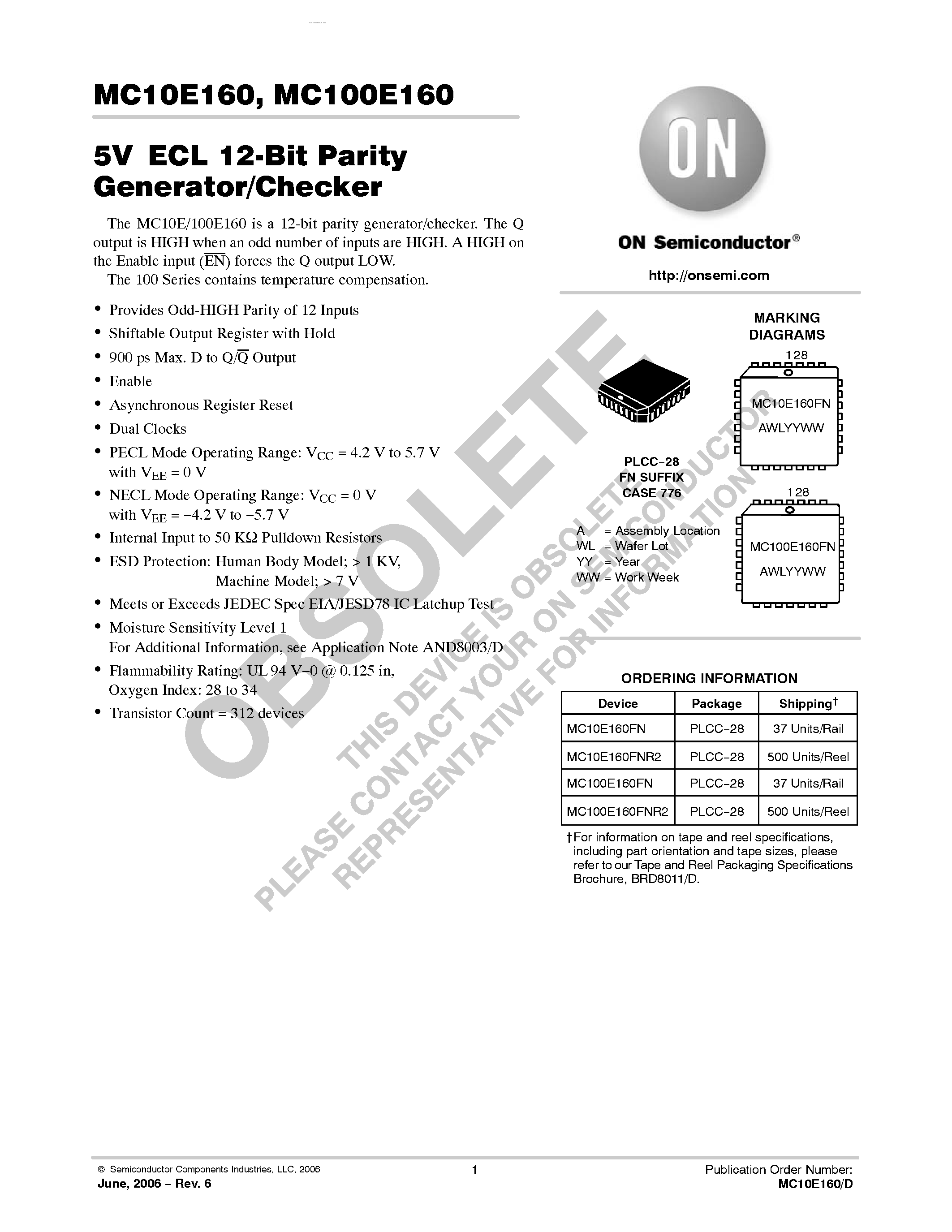 Datasheet MC100E160 - 12-BIT PARITY GENERATOR/CHECKER page 1
