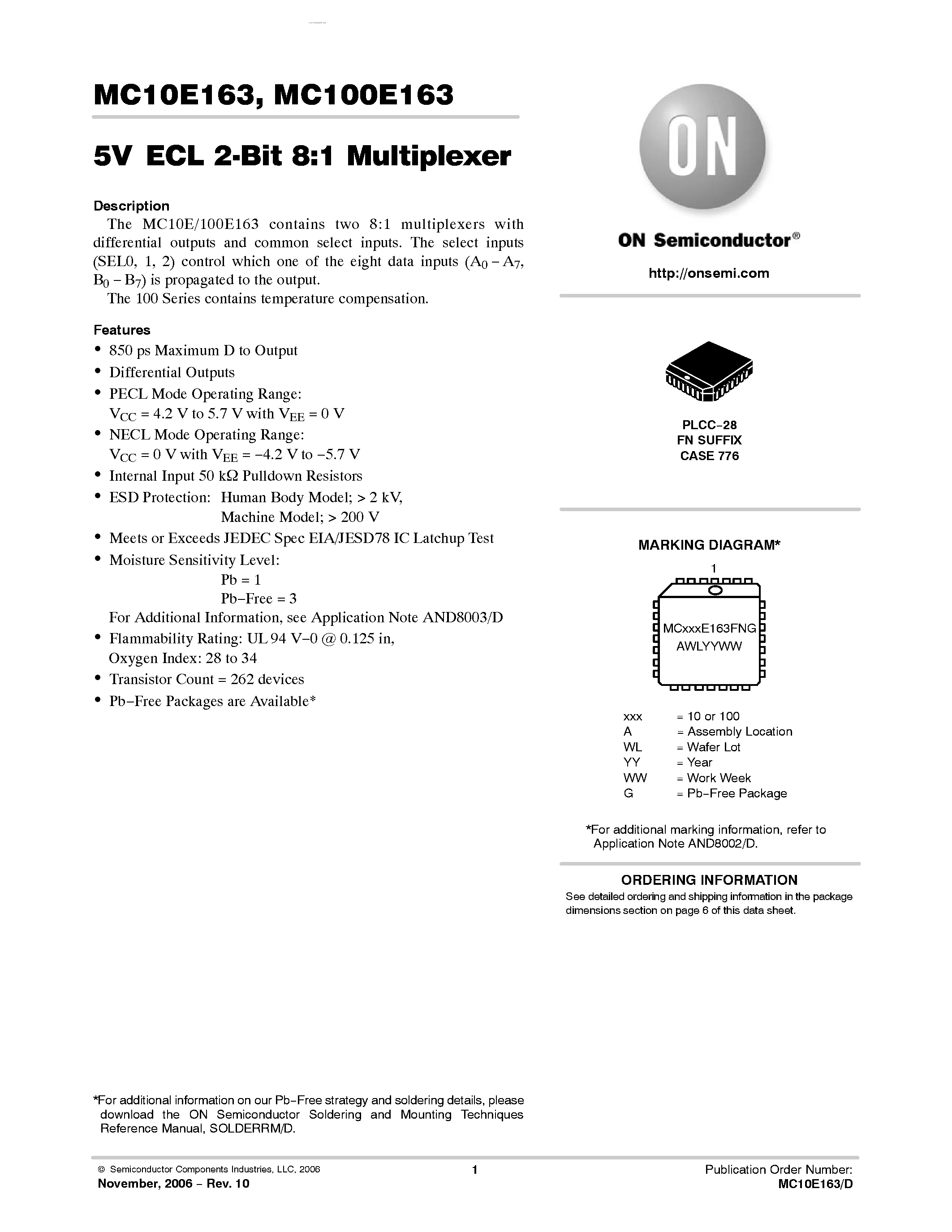 Datasheet MC100E163 - 2-BIT 8:1 MULTIPLEXER page 1