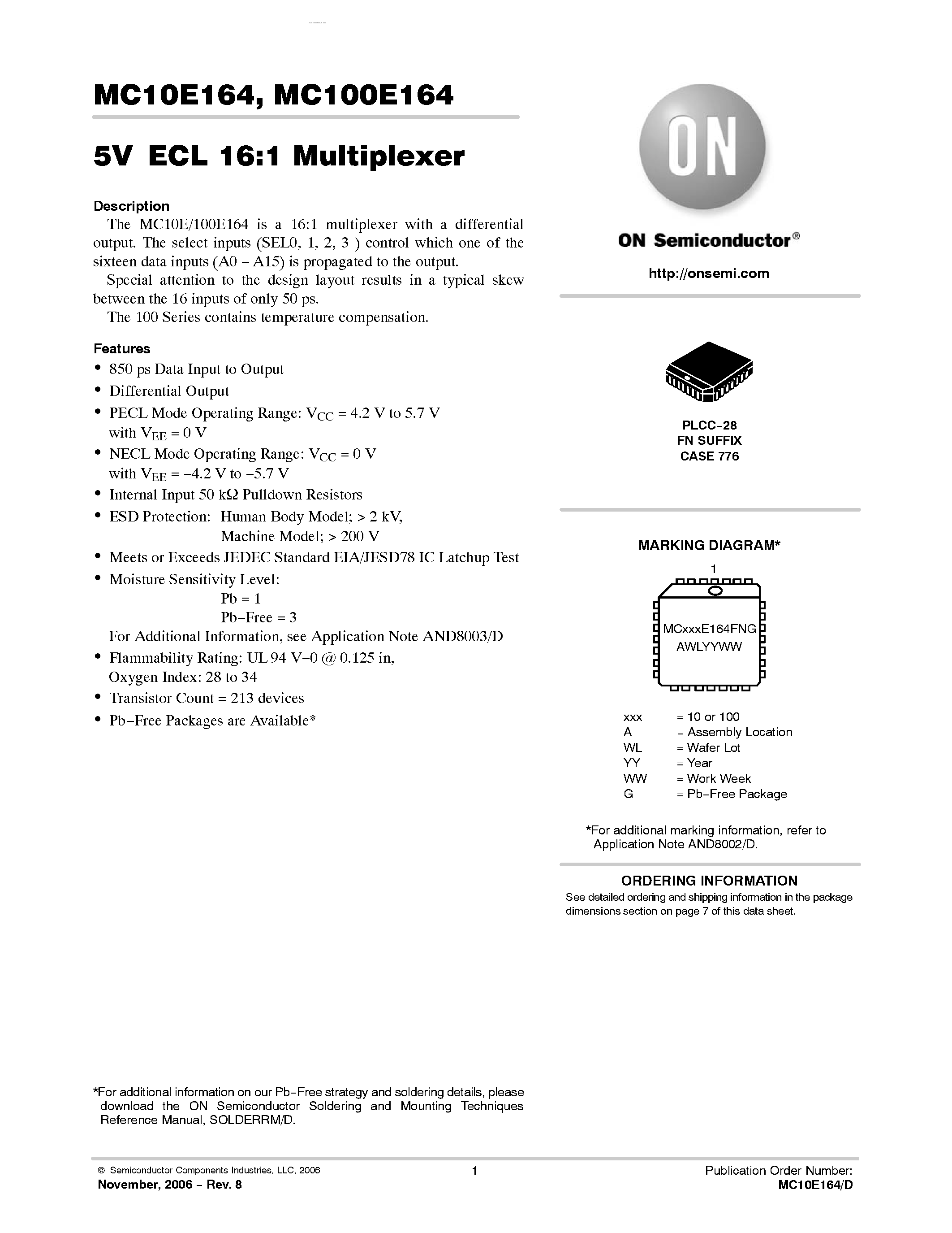 Datasheet MC100E164 - 16:1 MULTIPLEXER page 1