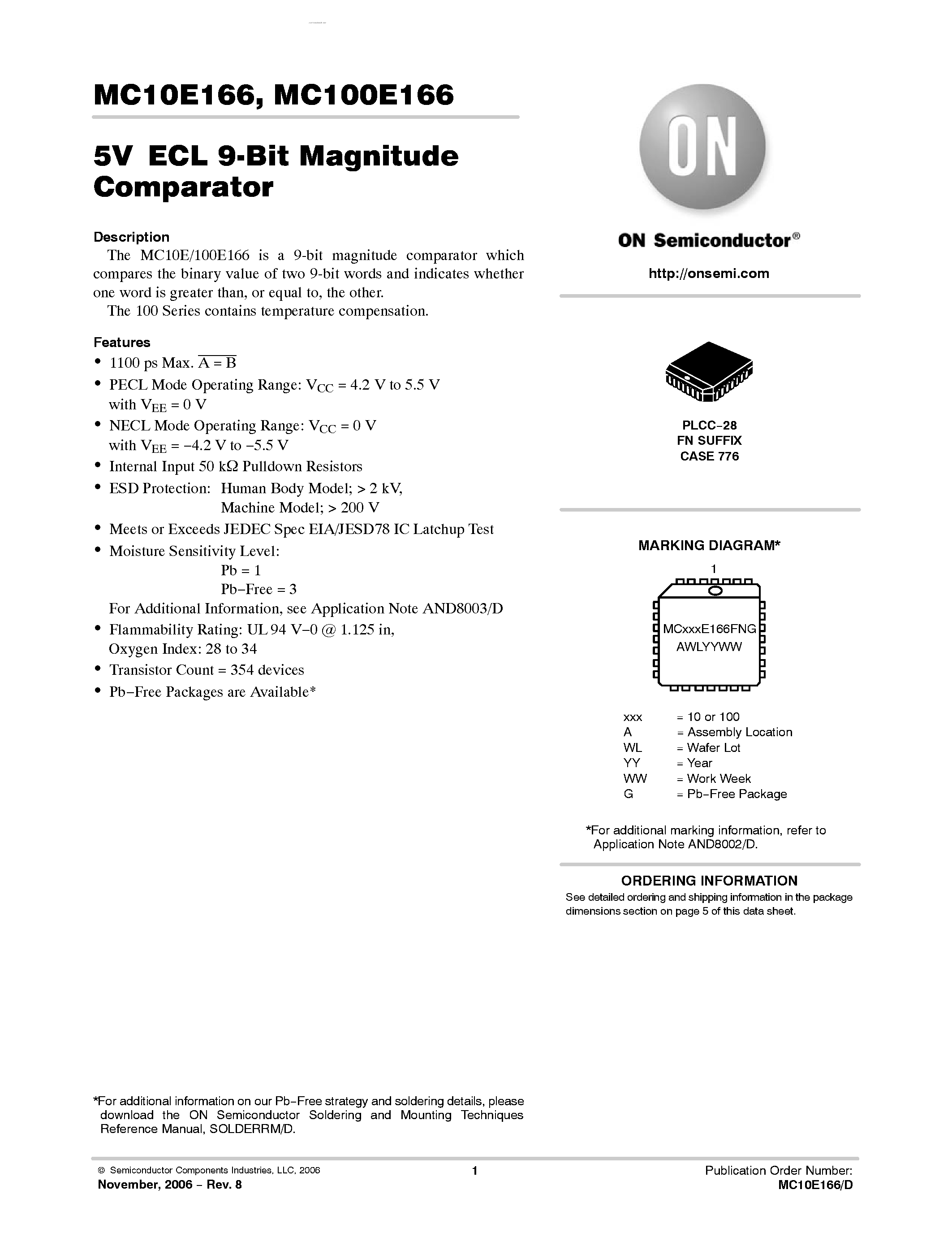 Datasheet MC100E166 - 9-BIT MAGNITUDE COMPARATOR page 1
