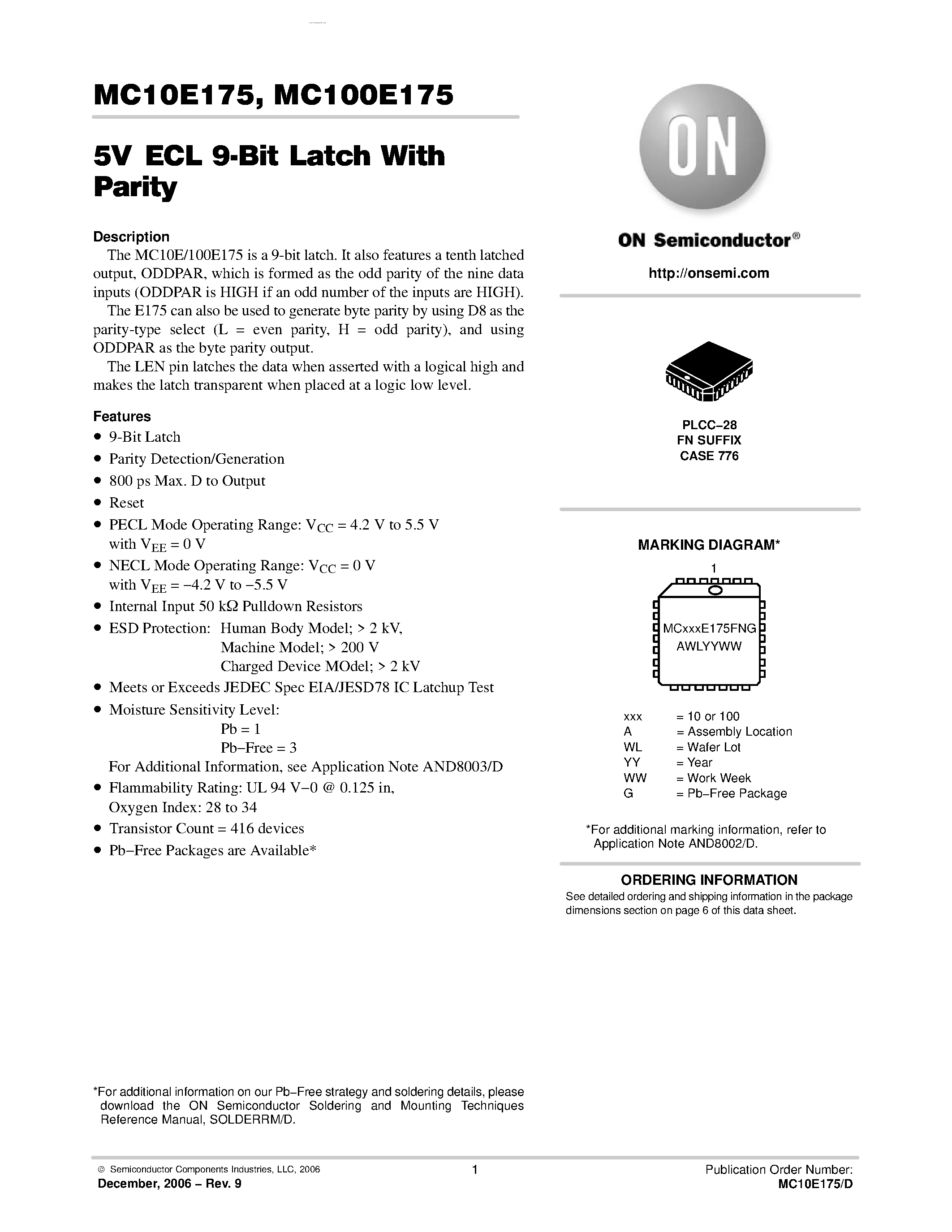 Datasheet MC100E175 - 9-BIT LATCH WITH PARITY page 1