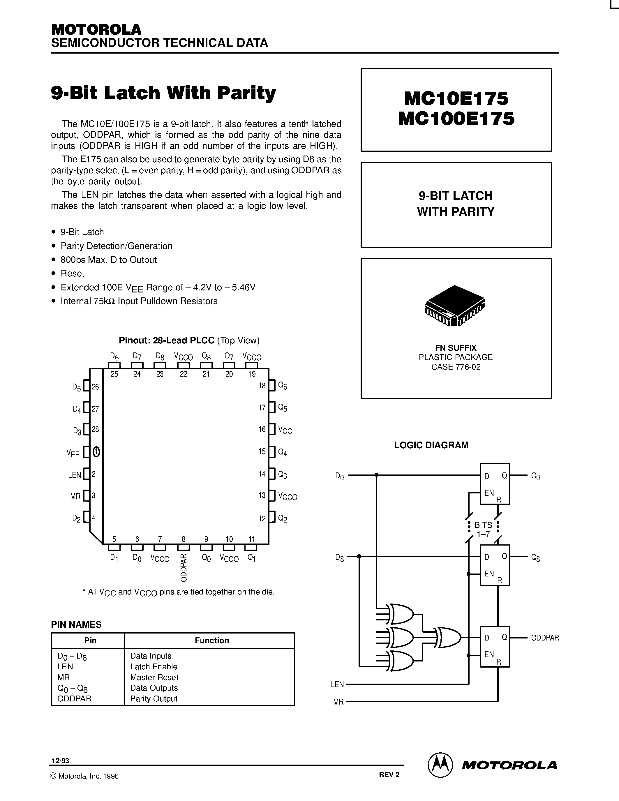 Datasheet MC100E175FN - 9-BIT LATCH WITH PARITY page 1