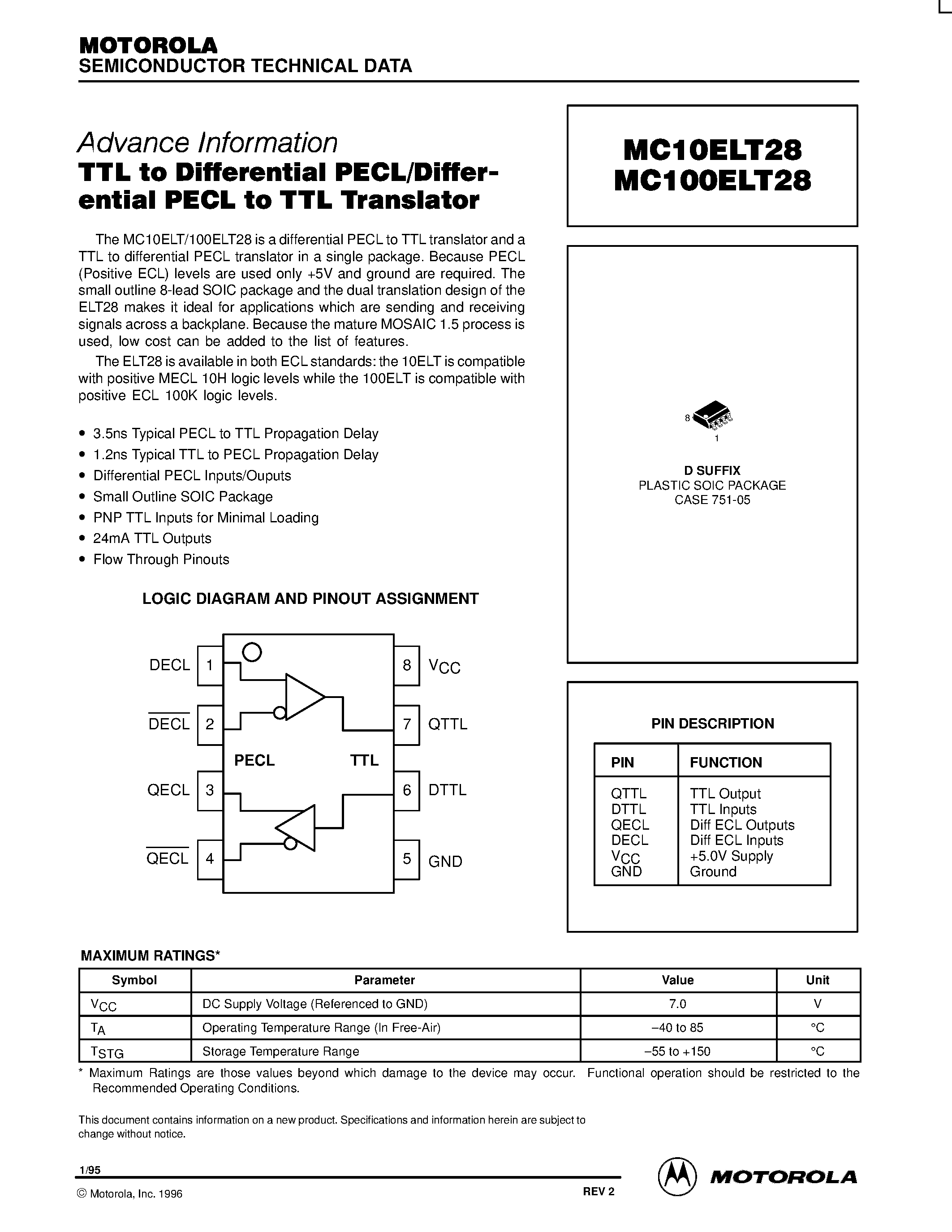 Даташит MC100ELT28D - TTL to Differential Pecl/Differential PECL to TTL Translator страница 1