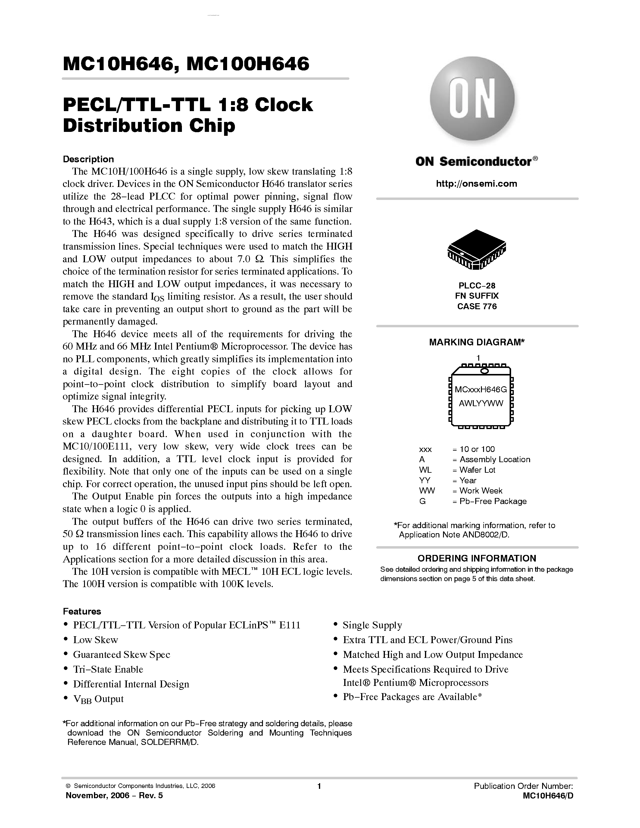 Datasheet MC100H646 - PENTIUM MICROPROCESSOR PECL/TTL-TTL CLOCK DRIVER page 1