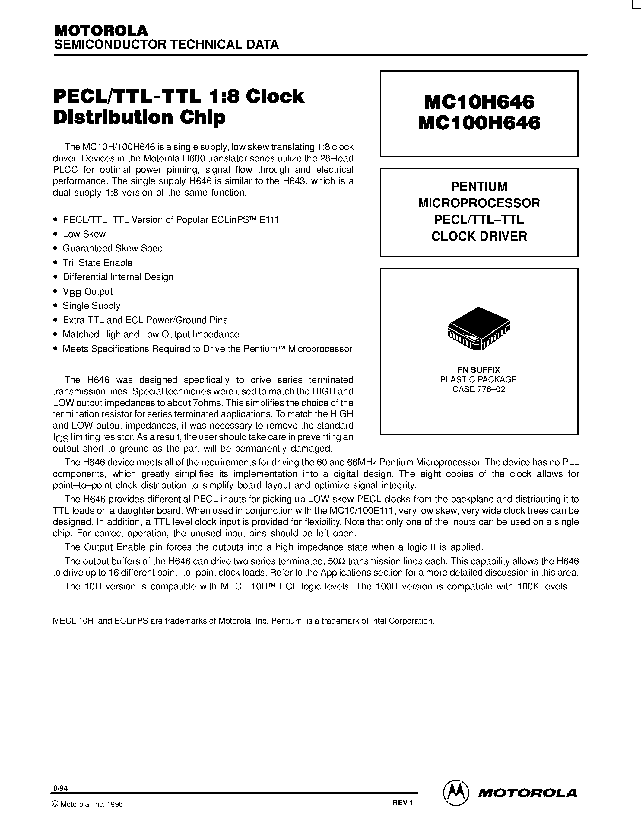 Datasheet MC100H646FN - PENTIUM MICROPROCESSOR PECL/TTL-TTL CLOCK DRIVER page 1
