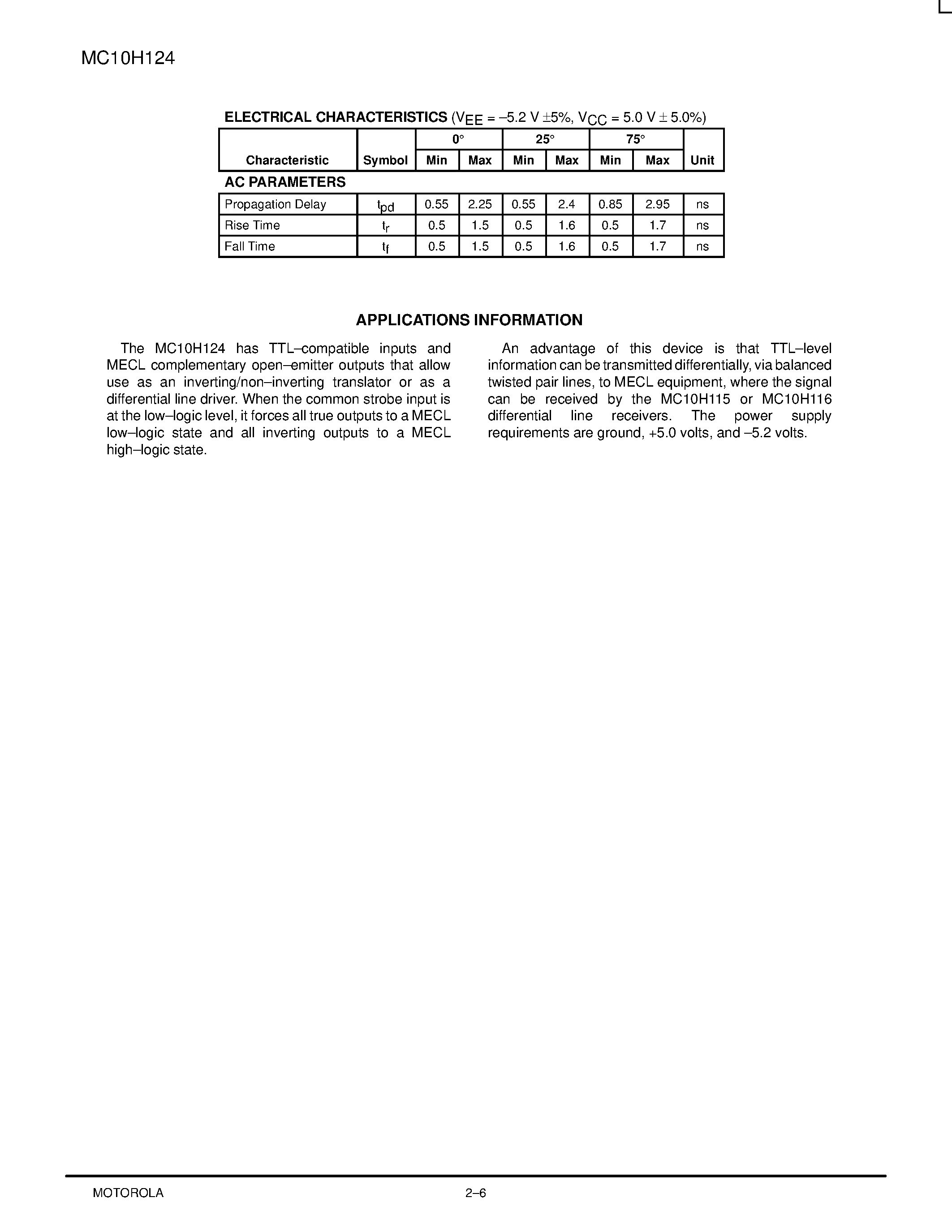 Datasheet MC10H124L - Quad TTL-to-MECL Translator With TTL Strobe Input page 2