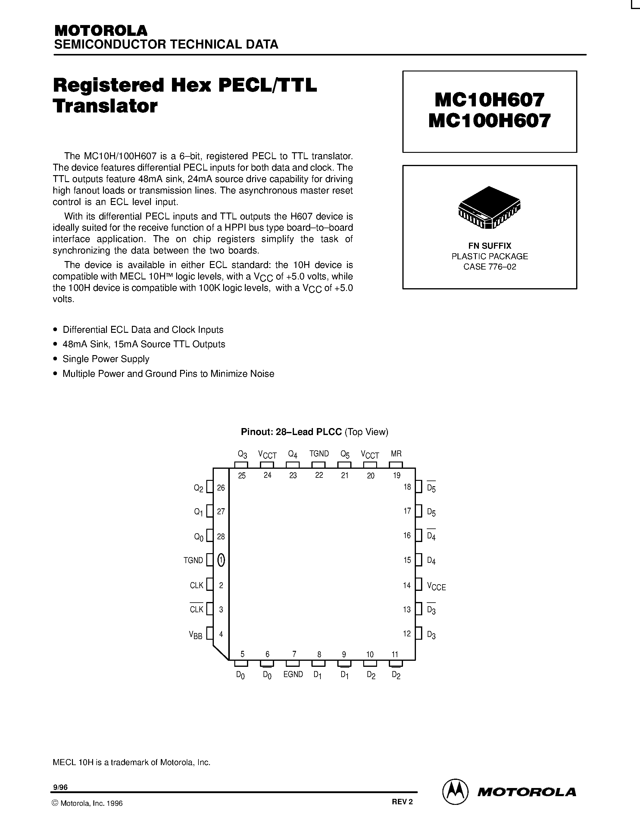 Datasheet MC10H607FN - Registered Hex PECL/TTL Translator page 1