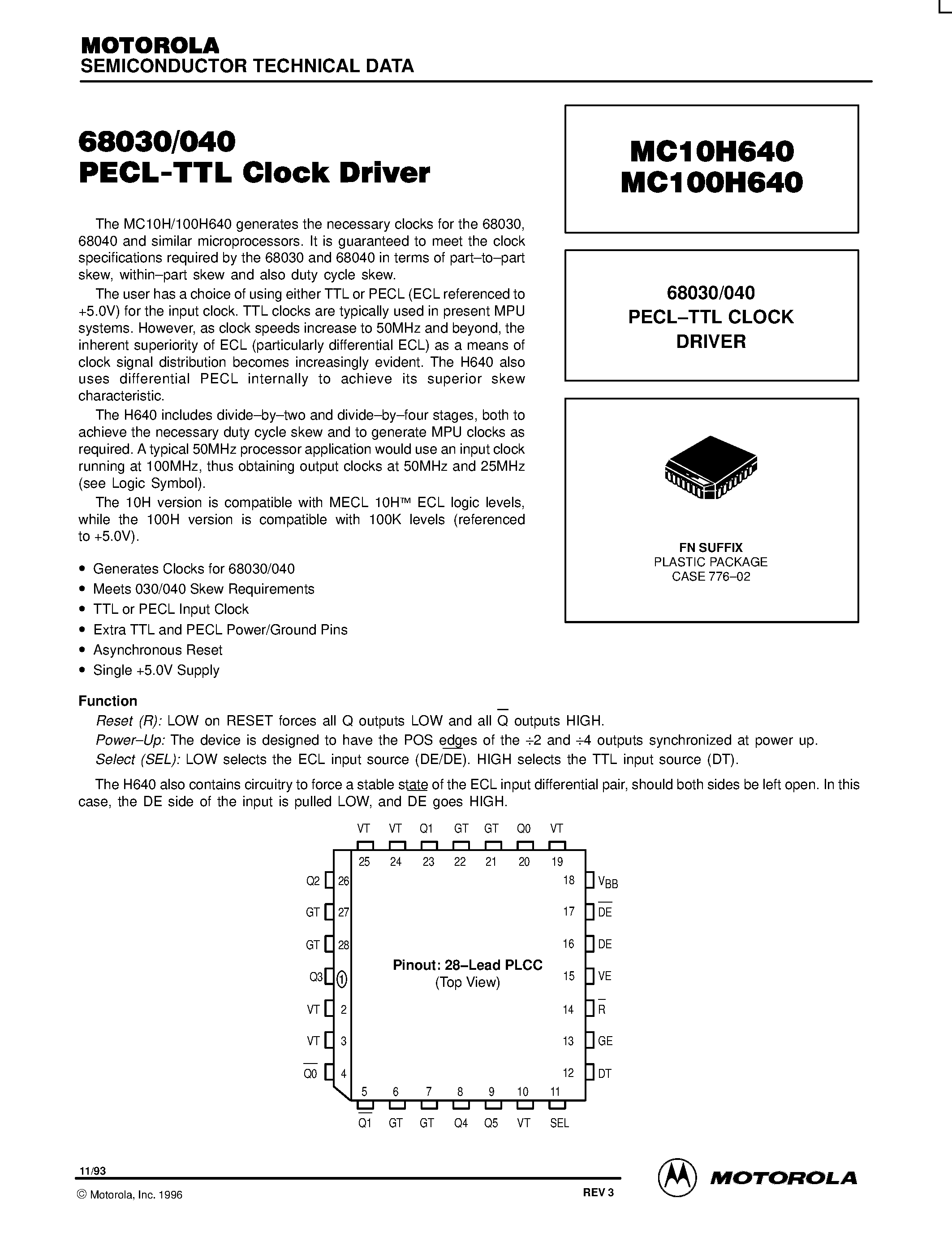 Datasheet MC10H640FN - 68030/040 PECL-TTL CLOCK DRIVER page 1