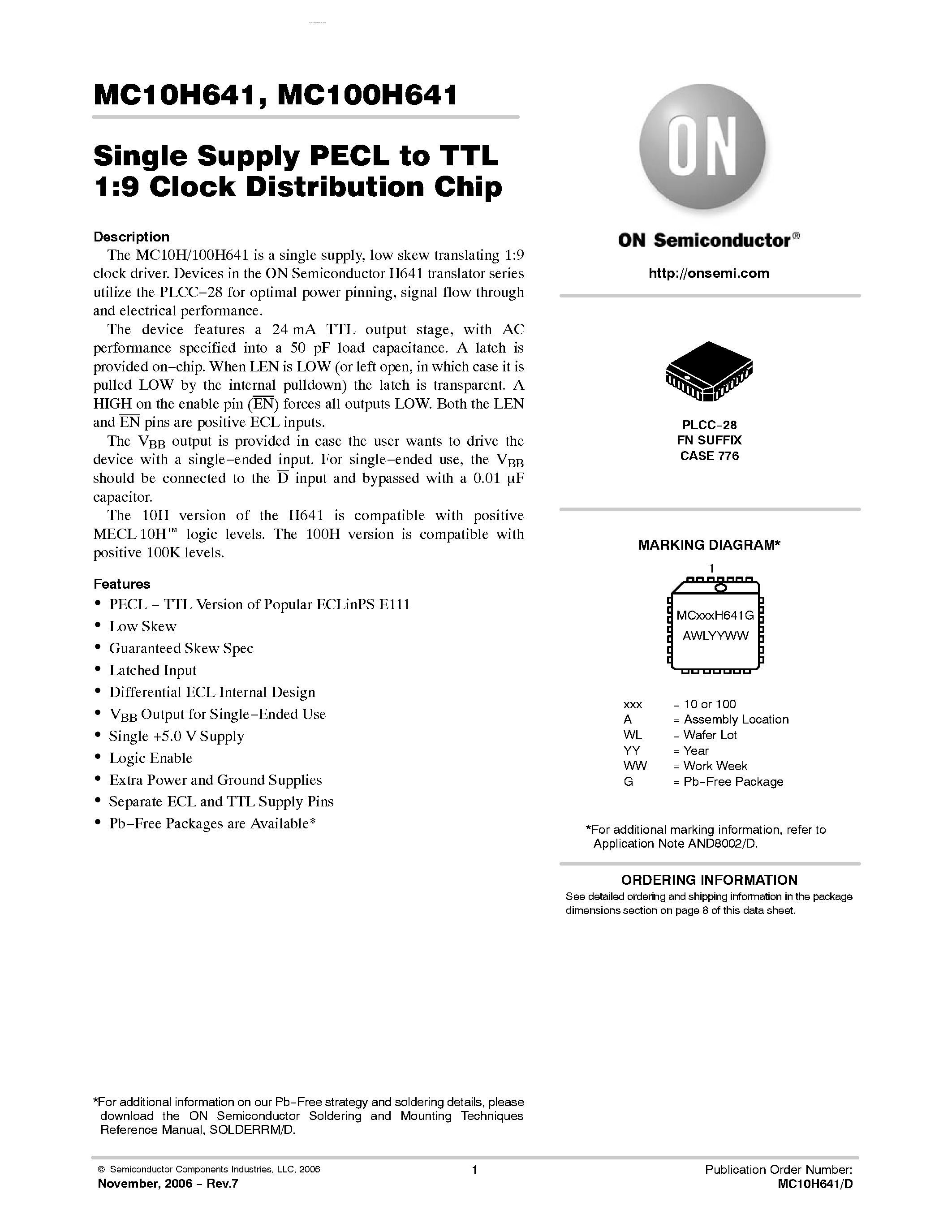 Datasheet MC10H641 - SINGLE SUPPLY PECL-TTL 1:9 CLOCK DISTRIBUTION CHIP page 1