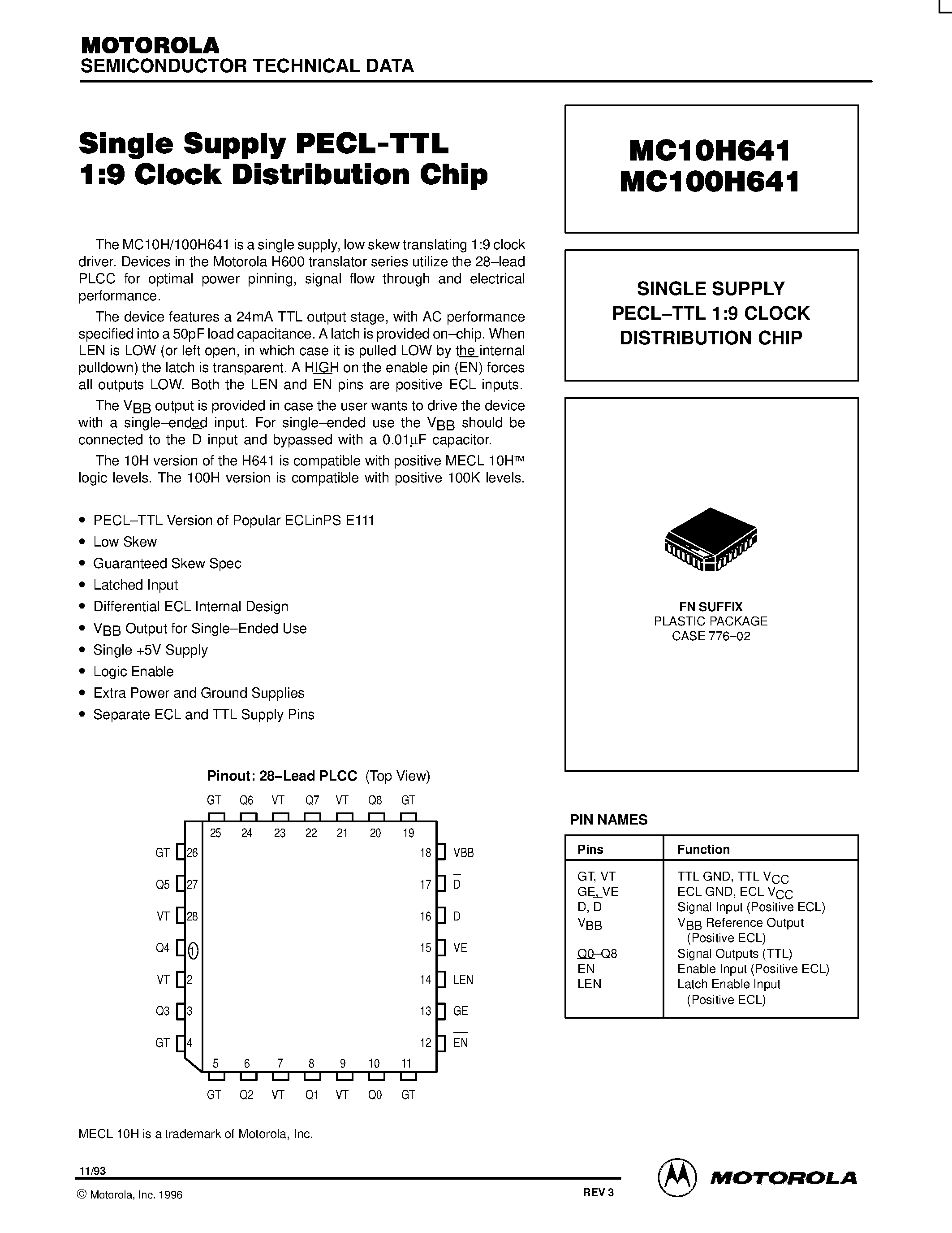 Datasheet MC10H641FN - SINGLE SUPPLY PECL-TTL 1:9 CLOCK DISTRIBUTION CHIP page 1