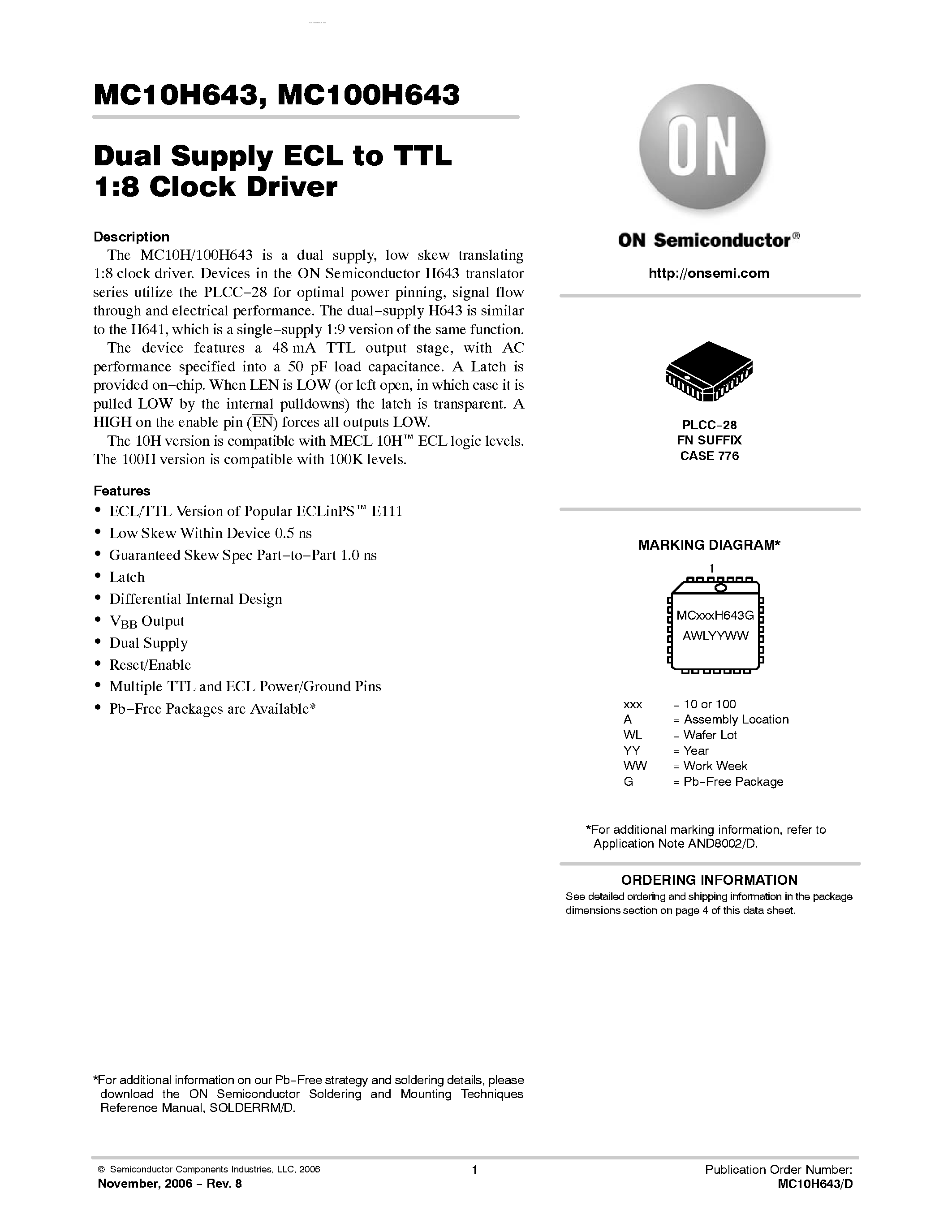 Datasheet MC10H643 - DUAL SUPPLY ECL-TTL 1:8 CLOCK DRIVER page 1