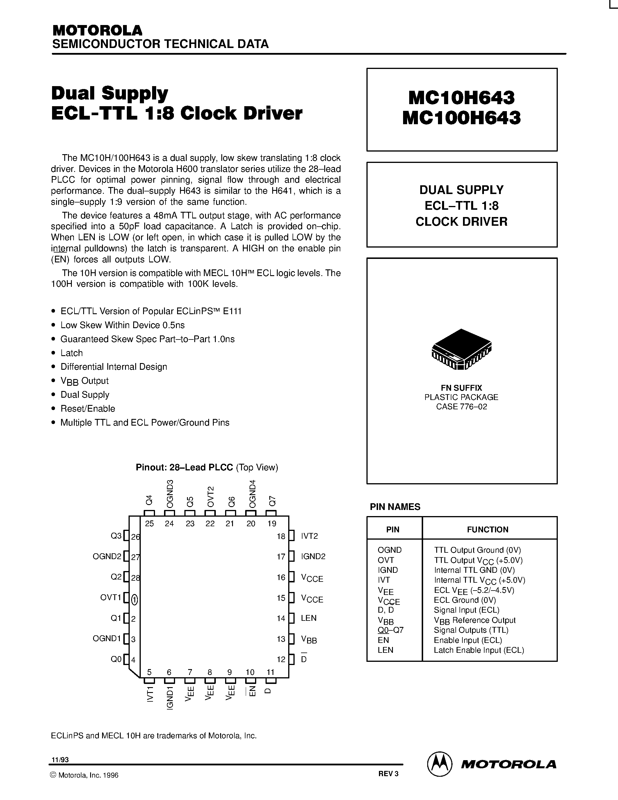 Datasheet MC10H643FN - DUAL SUPPLY ECL-TTL 1:8 CLOCK DRIVER page 1