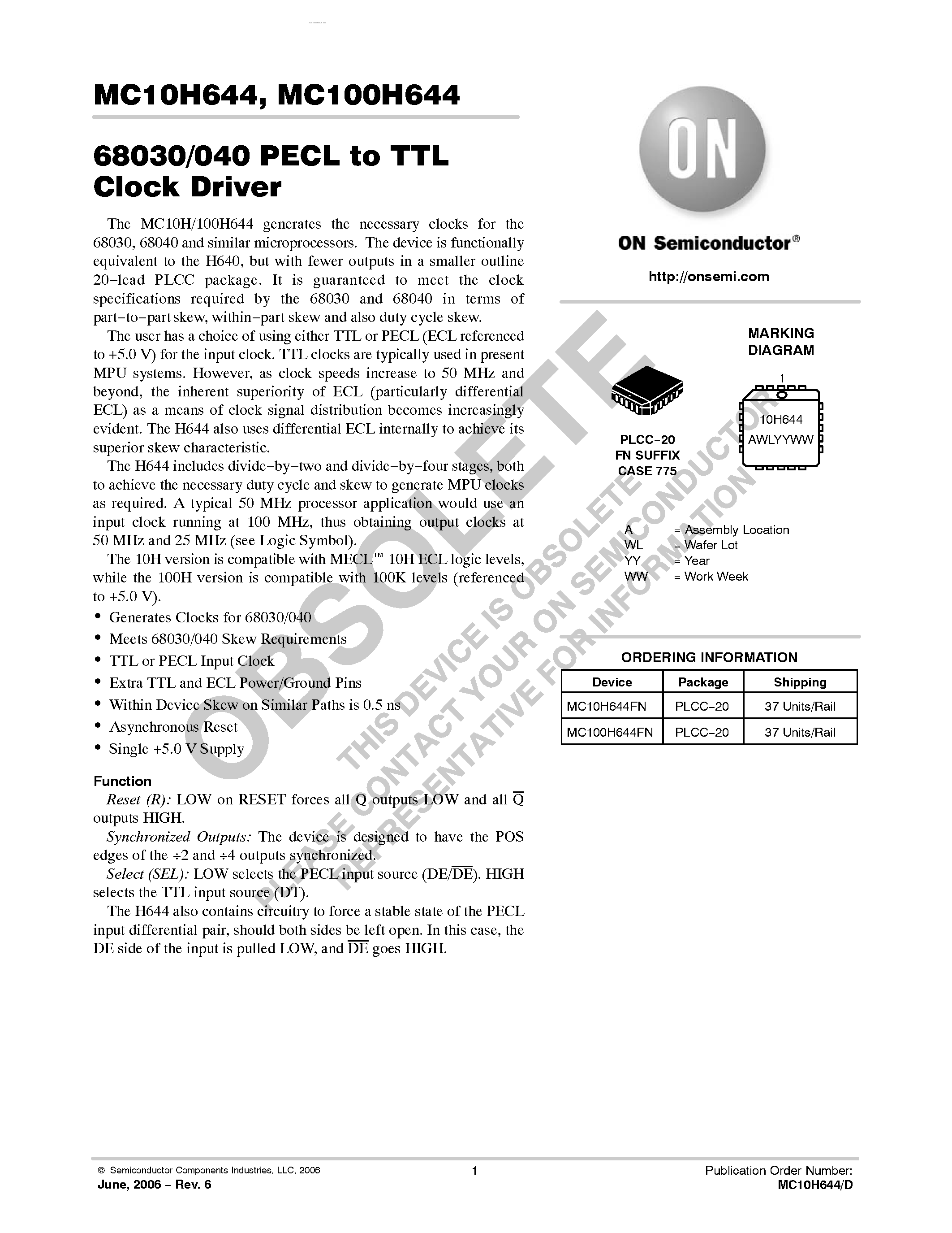 Даташит MC10H644 - 68030/040 PECL-TTL CLOCK DRIVER страница 1