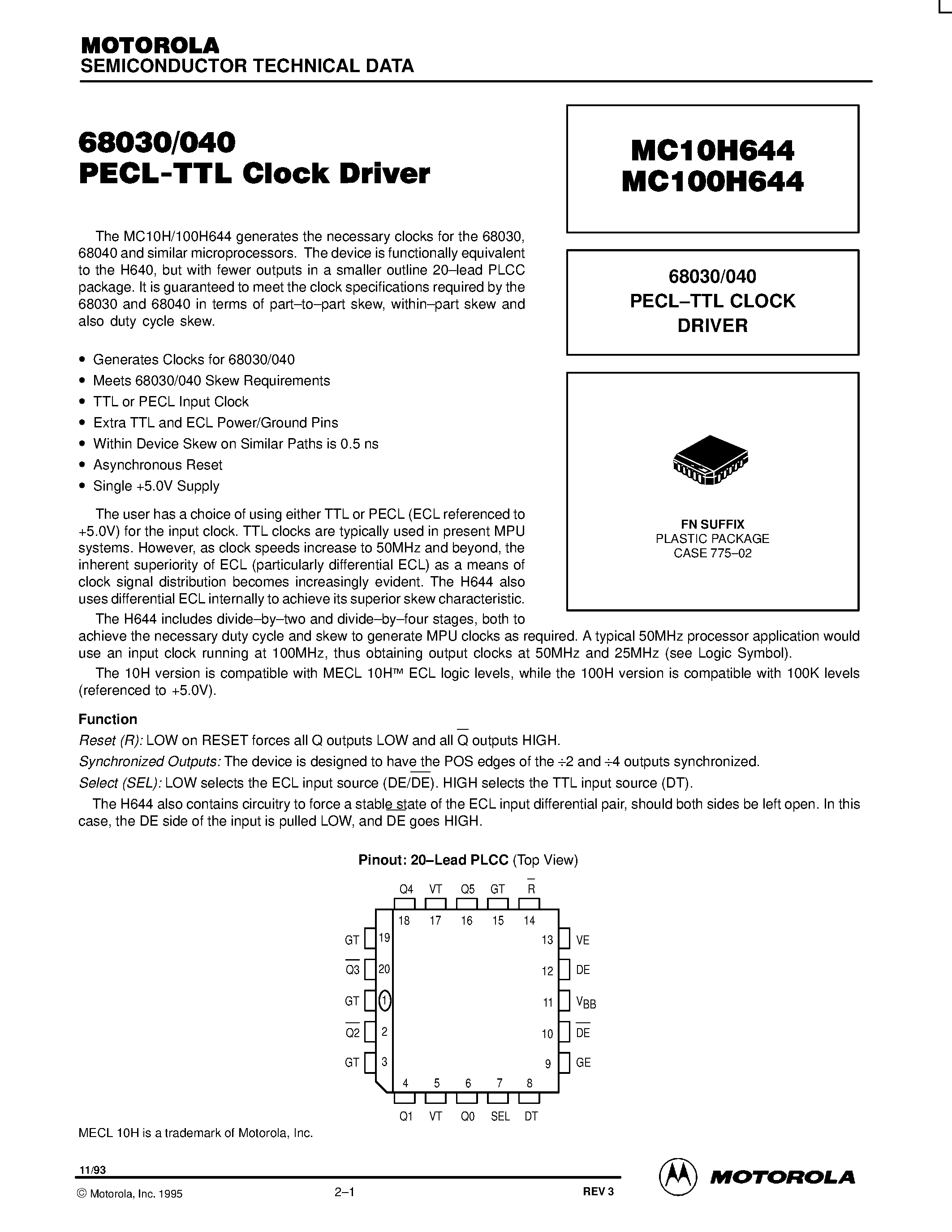 Datasheet MC10H644FN - 68030/040 PECL-TTL CLOCK DRIVER page 1