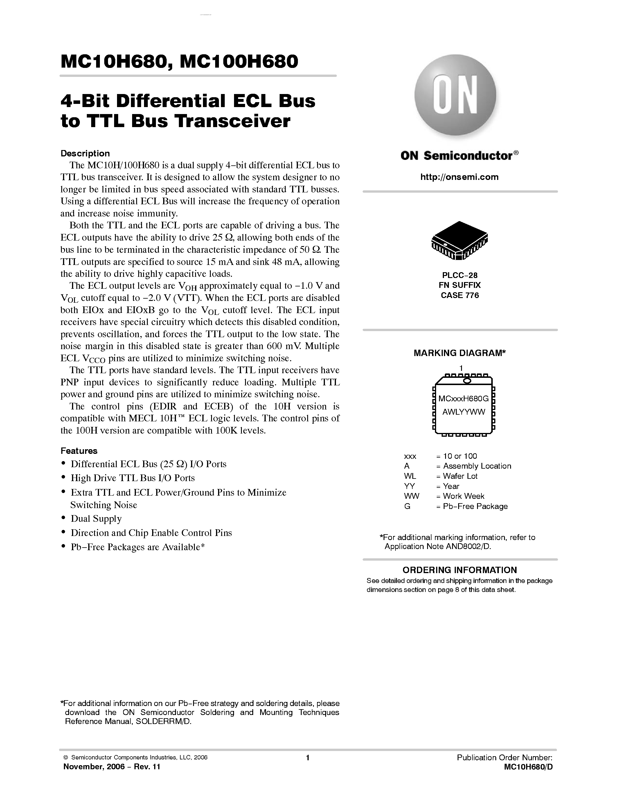 Даташит MC10H680 - 4-Bit Differential ECL Bus/TTL Bus Transceciver страница 1