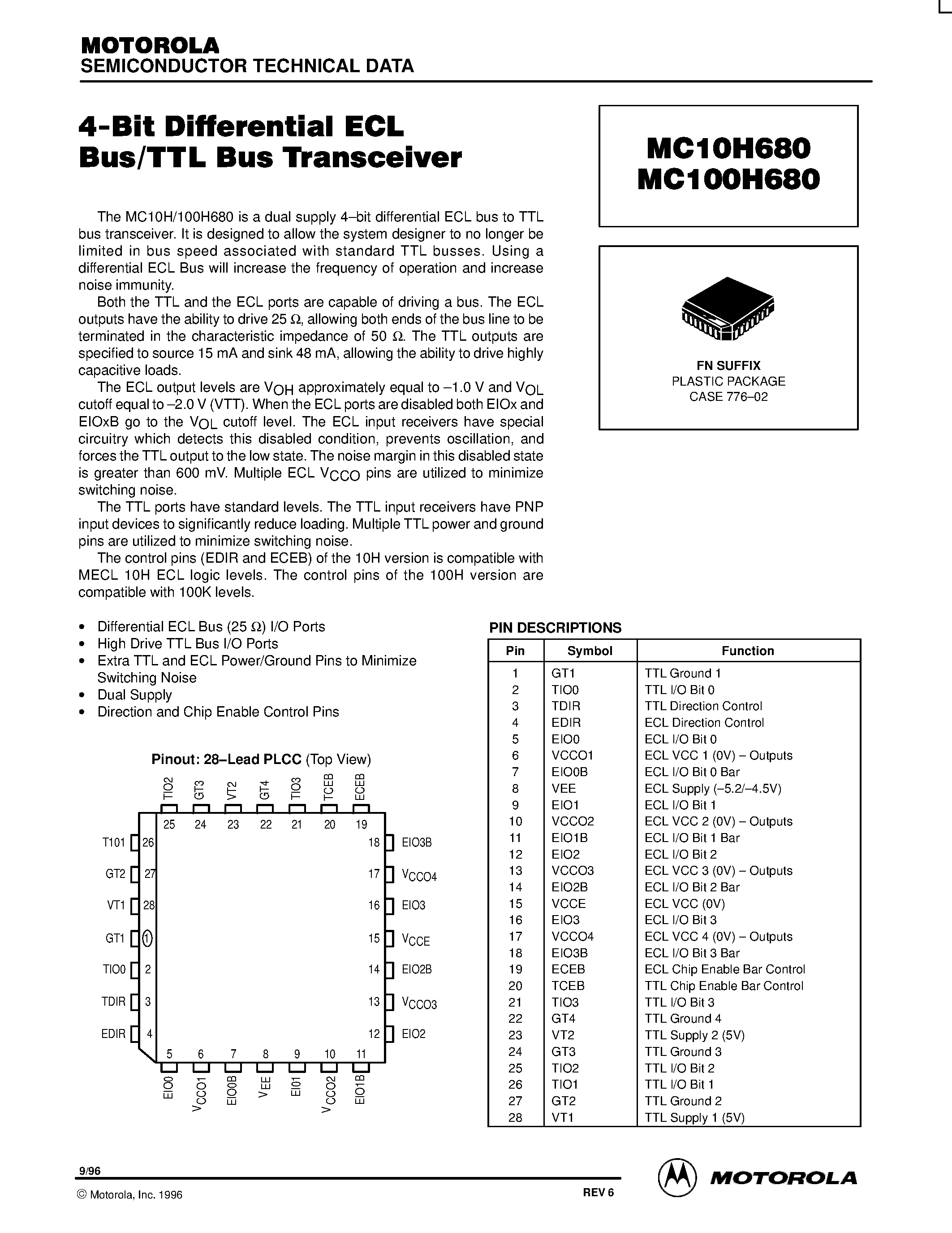 Datasheet MC10H680FN - 4-Bit Differential ECL Bus/TTL Bus Transceiver page 1