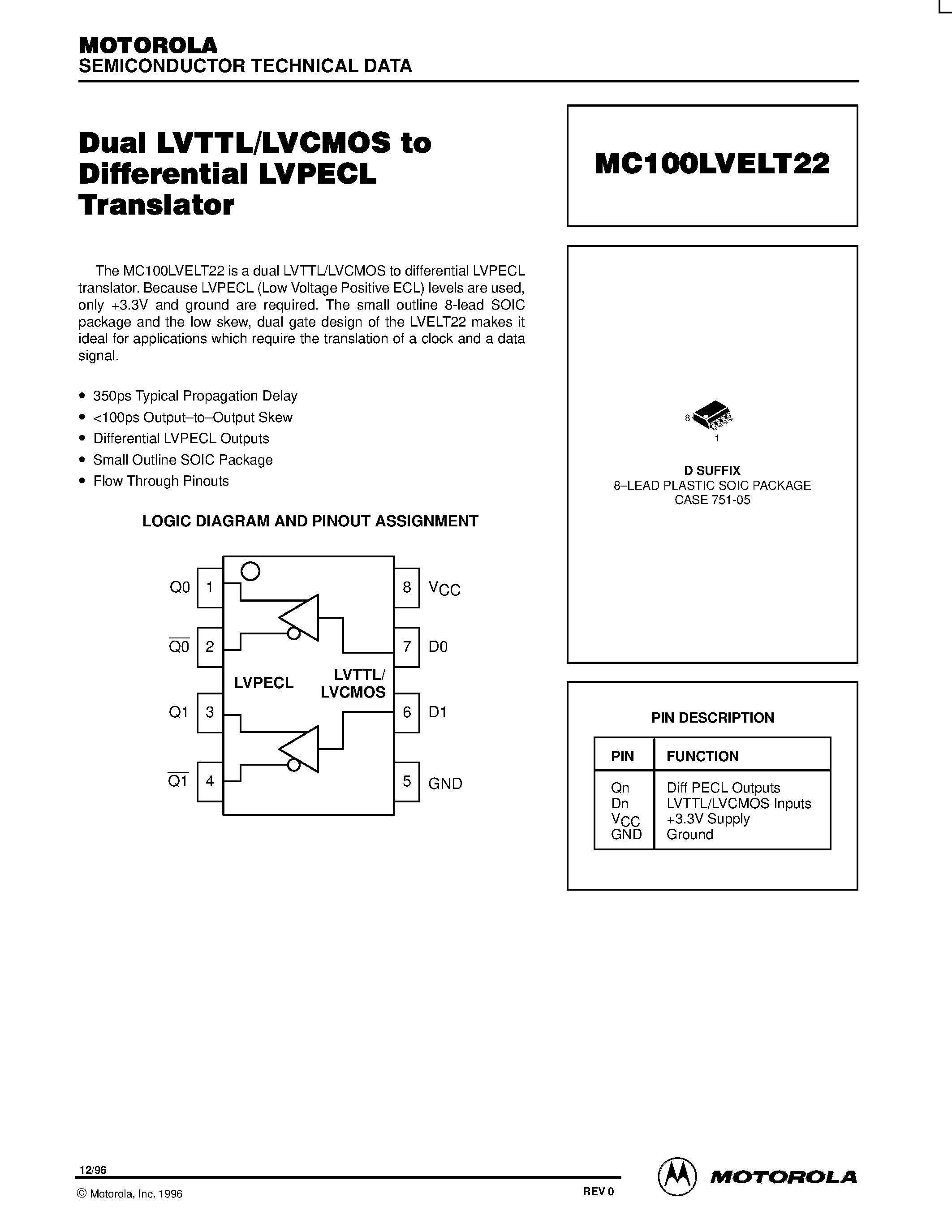 Даташит MC10LVELT22D - Dual LVTTL/LVCMOS to Differential LVPECL Translator страница 1
