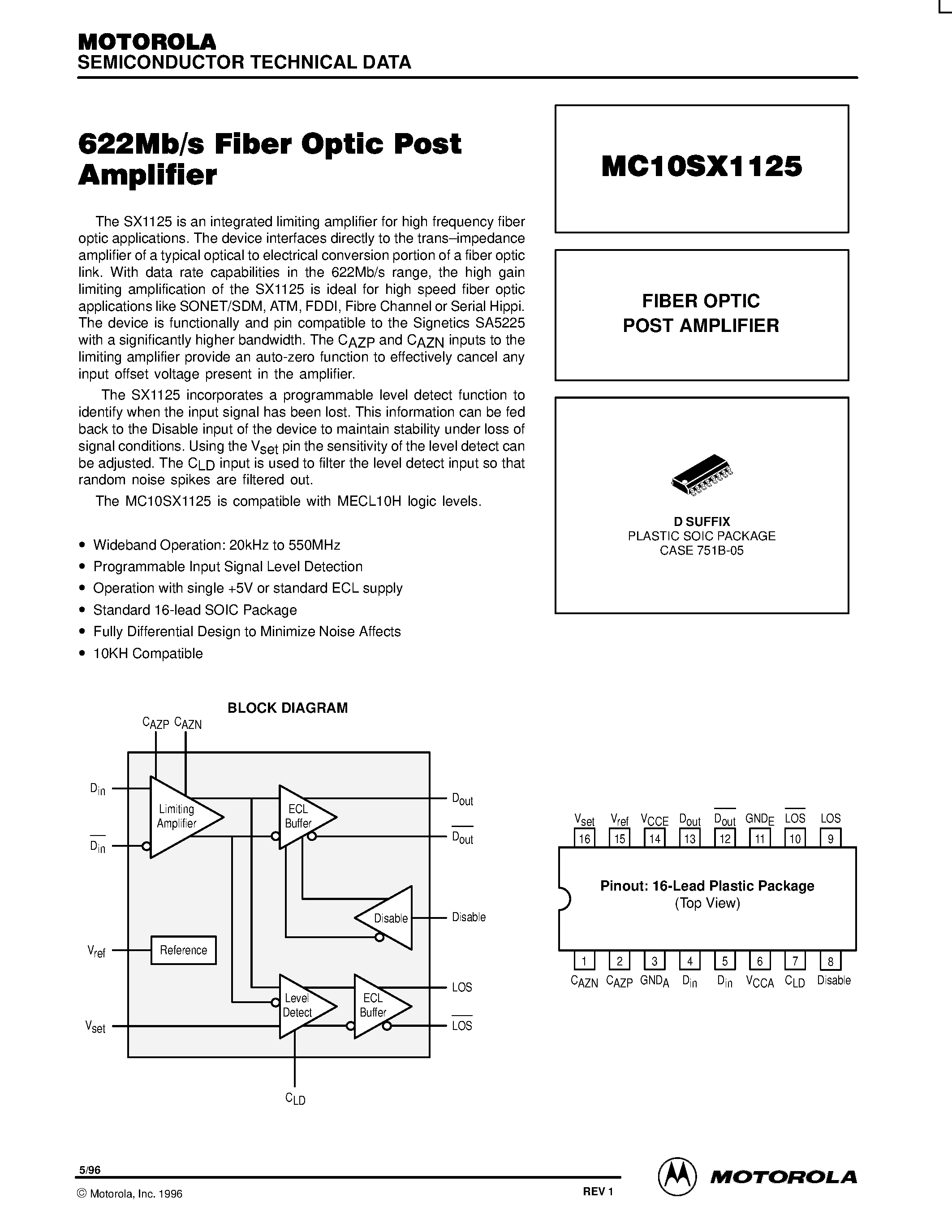 Даташит MC10SX1125 - FIBER OPTIC POST AMPLIFIER страница 1