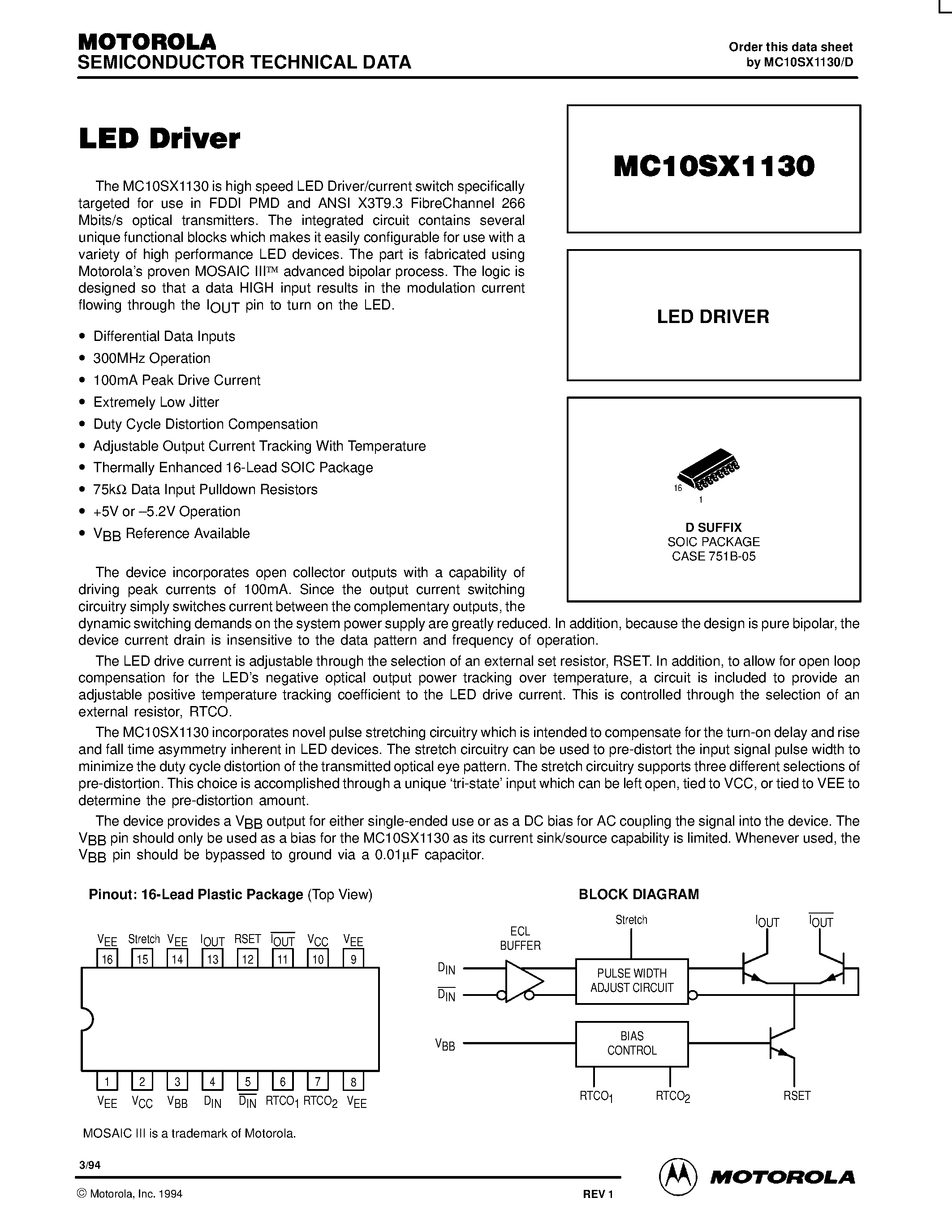 Datasheet MC10SX1130D - LED Driver page 1