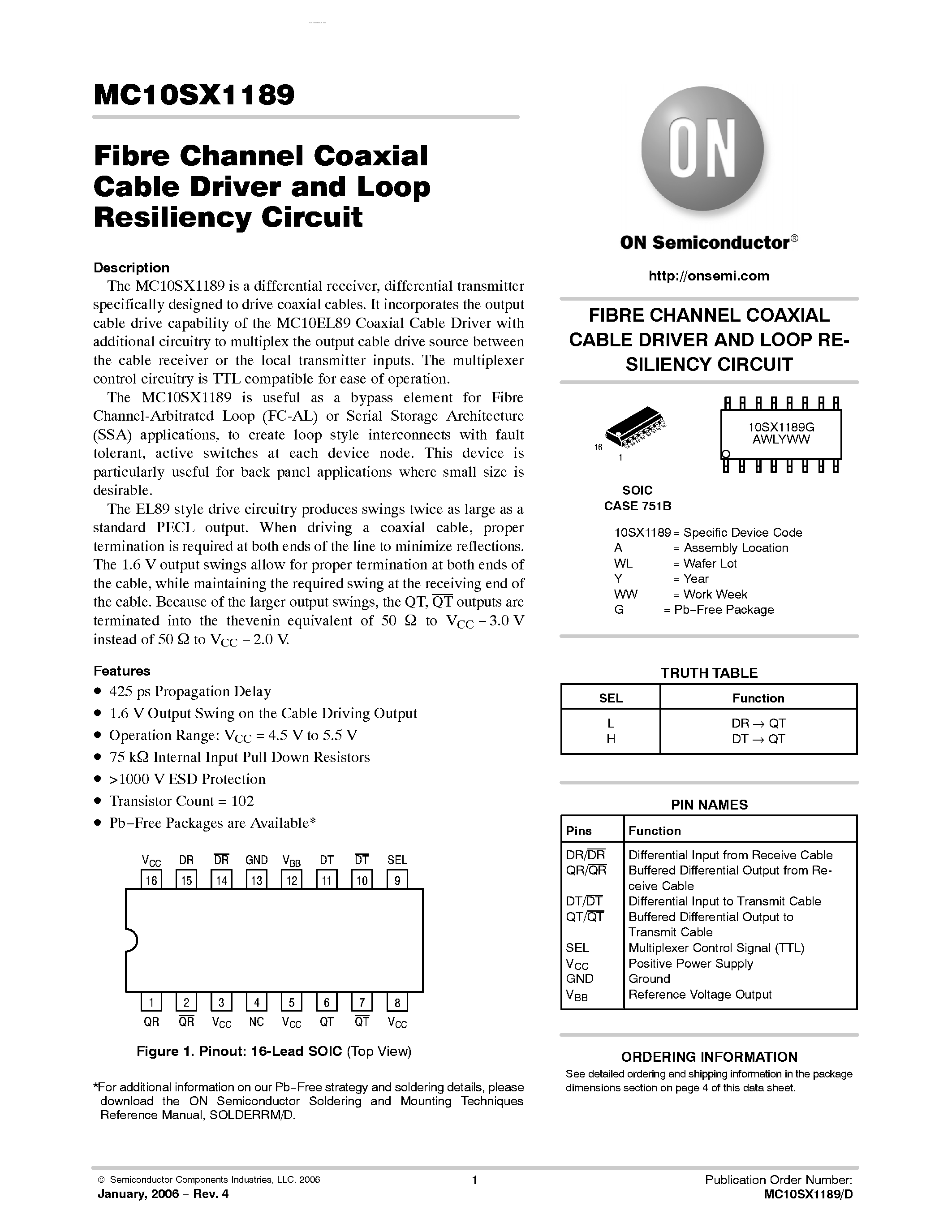 Datasheet MC10SX1189 - FIBRE CHANNEL COAXIAL CABLE DRIVER AND LOOP RESILIENCY CIRCUIT page 1