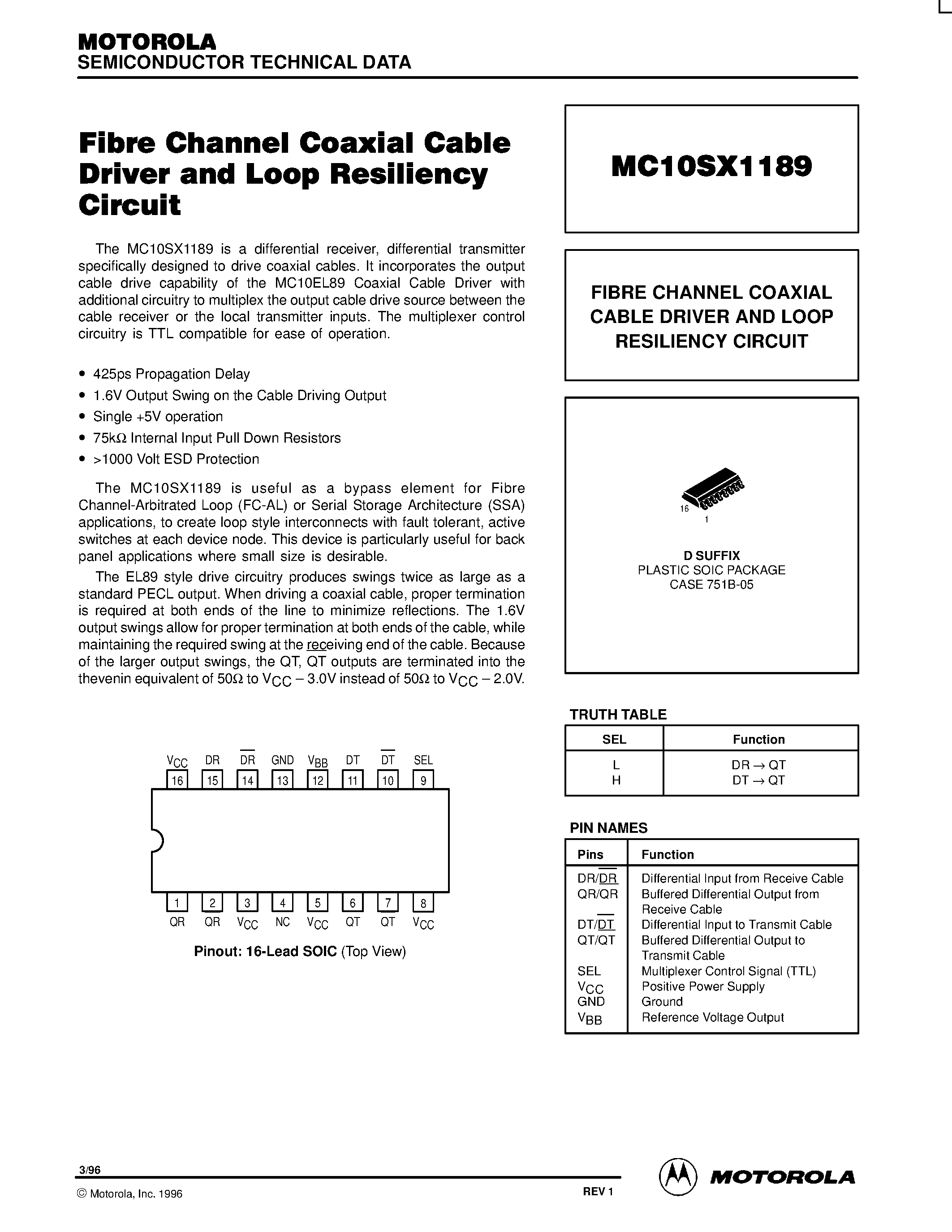 Даташит MC10SX1189D - FIBRE CHANNEL COAXIAL CABLE DRIVER AND LOOP RESILIENCY CIRCUIT страница 1