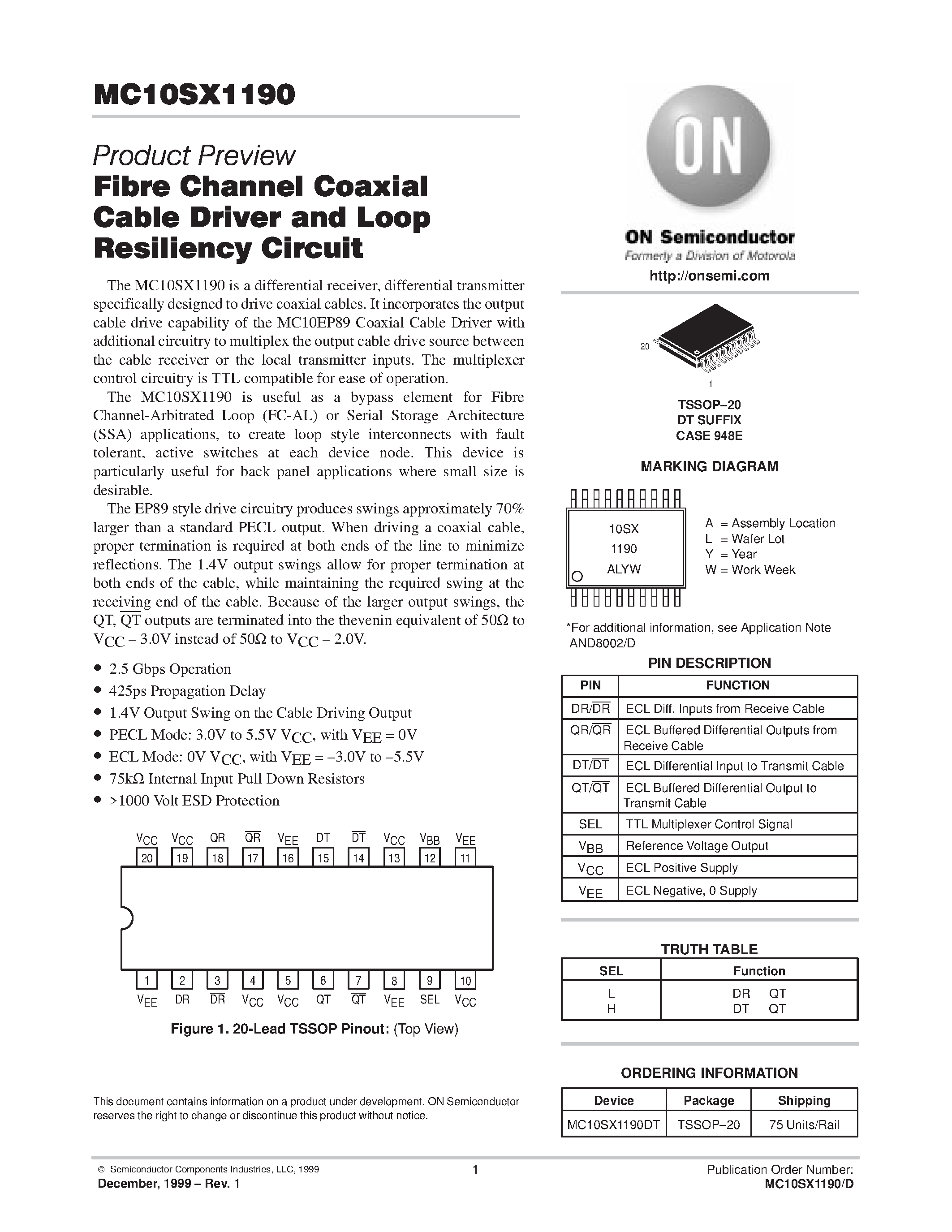Datasheet MC10SX1190DT - Fibre Channel Coaxial Cable Driver and Loop Resiliency Circuit page 1