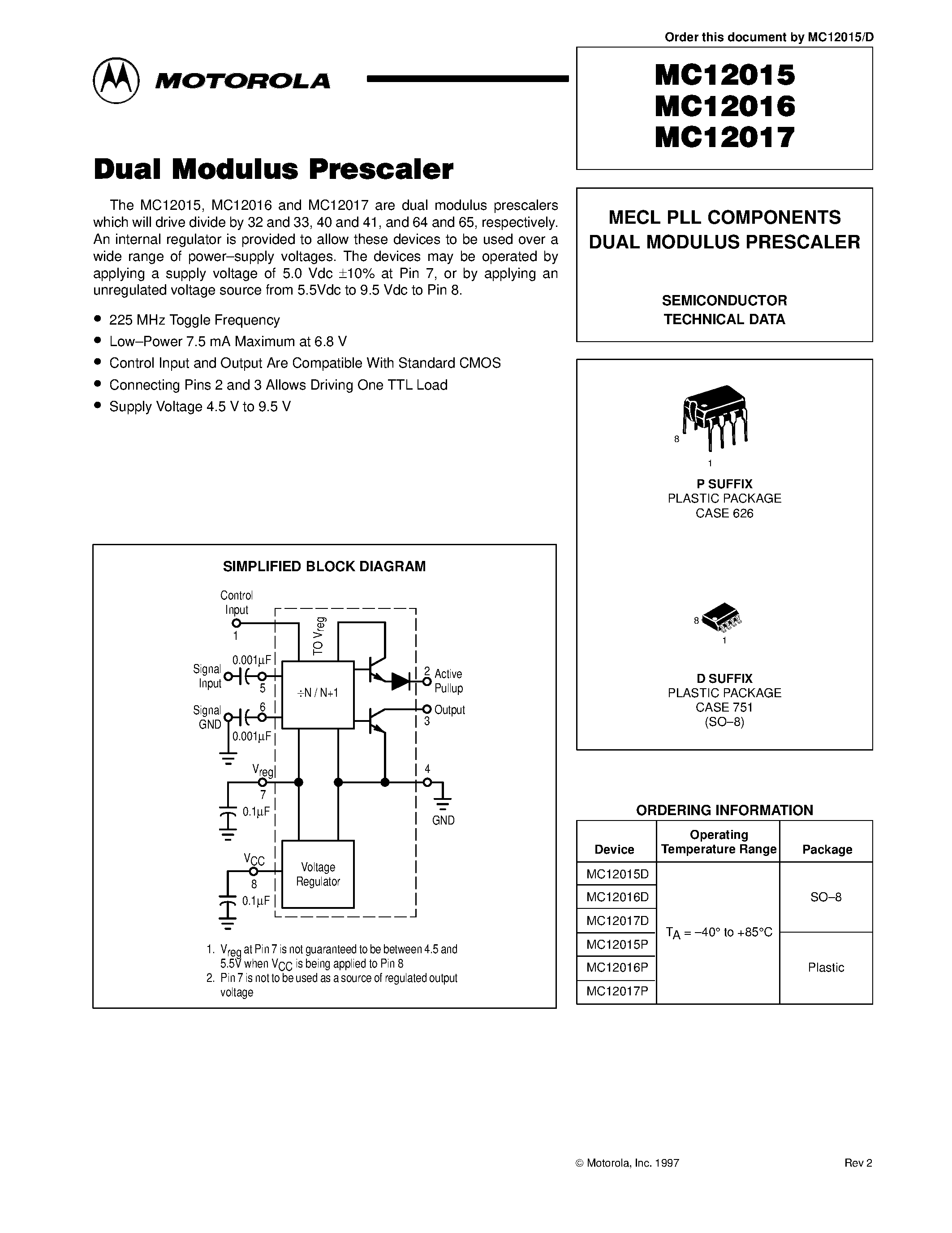Даташит MC12015D - MECL PLL COMPONENTS DUAL MODULUS PRESCALER страница 1