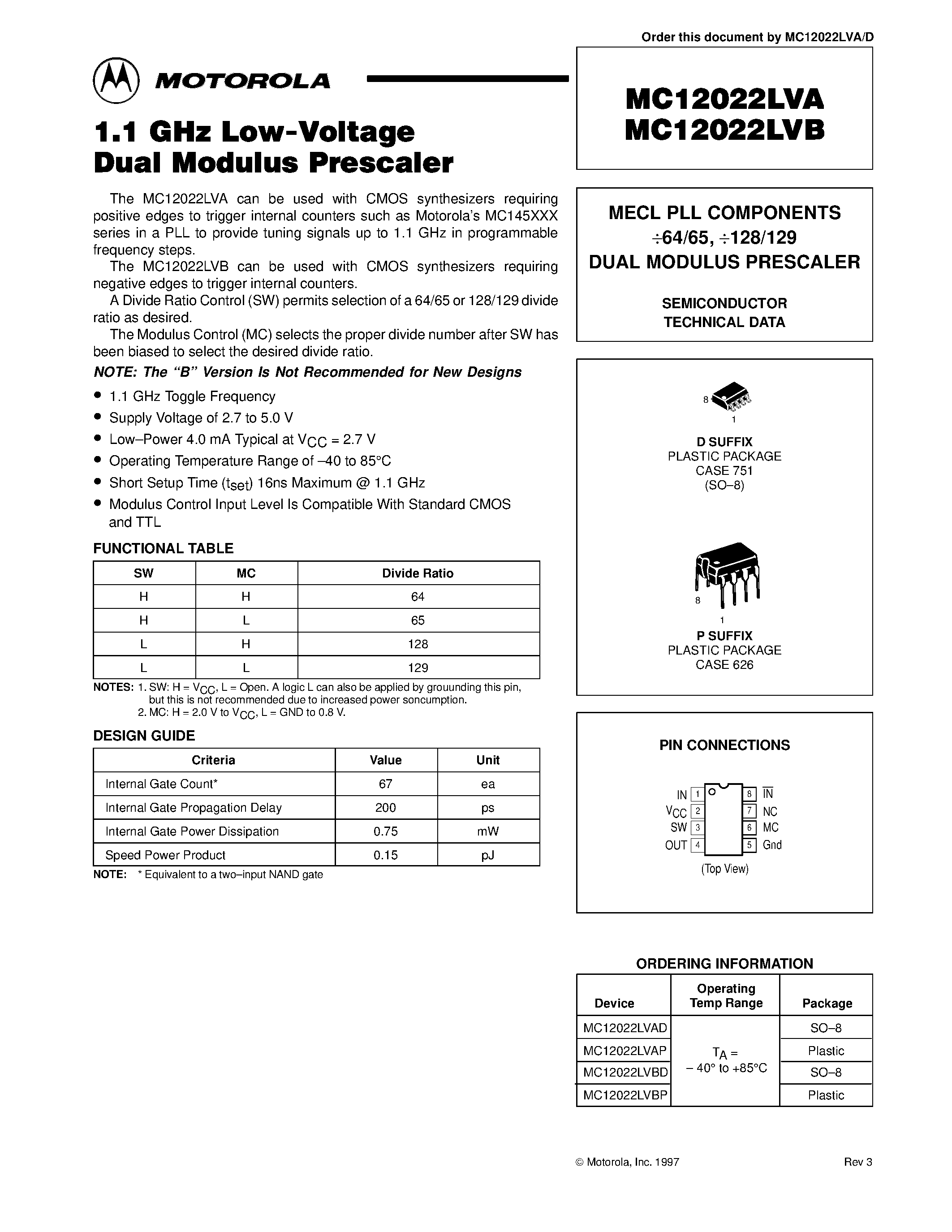 Datasheet MC12022LVBP - MECL PLL COMPONENTS 64/65 / 128/129 DUAL MODULUS PRESCALER page 1