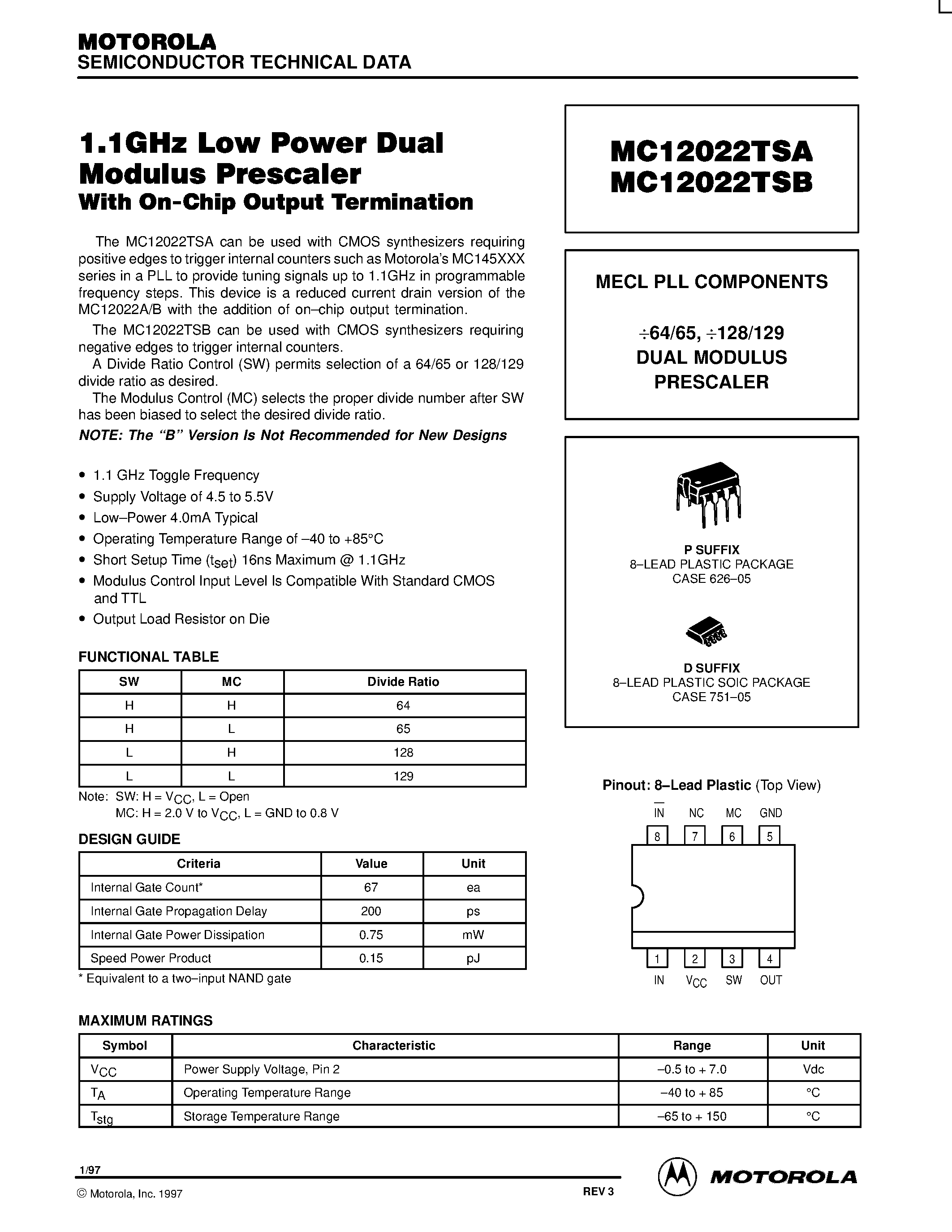 Datasheet MC12022TSBP - MECL PLL COMPONENTS 64/65 / 128/129 DUAL MODULUS PRESCALE page 1