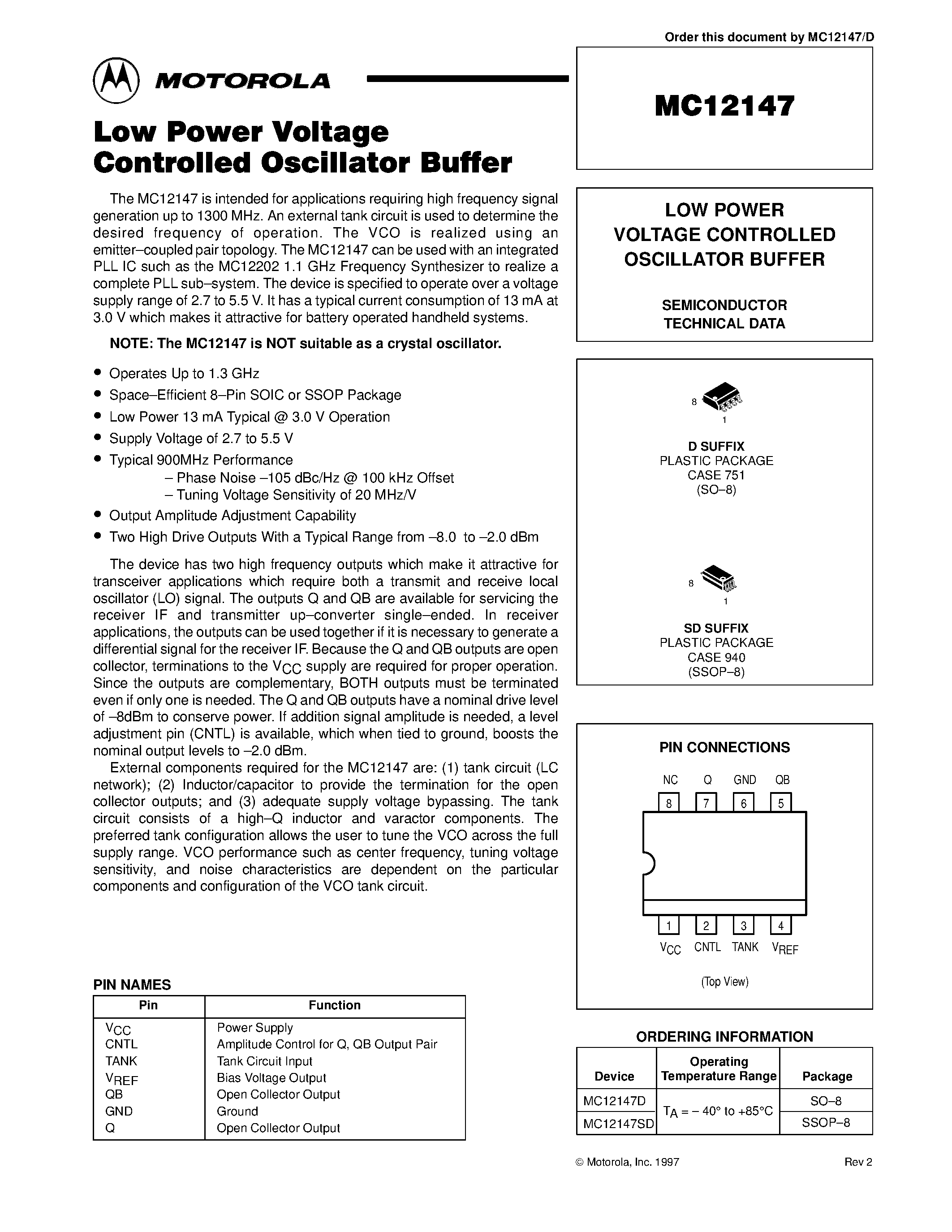 Datasheet MC12147SD - LOW POWER VOLTAGE CONTROLLED OSCILLATOR BUFFER page 1