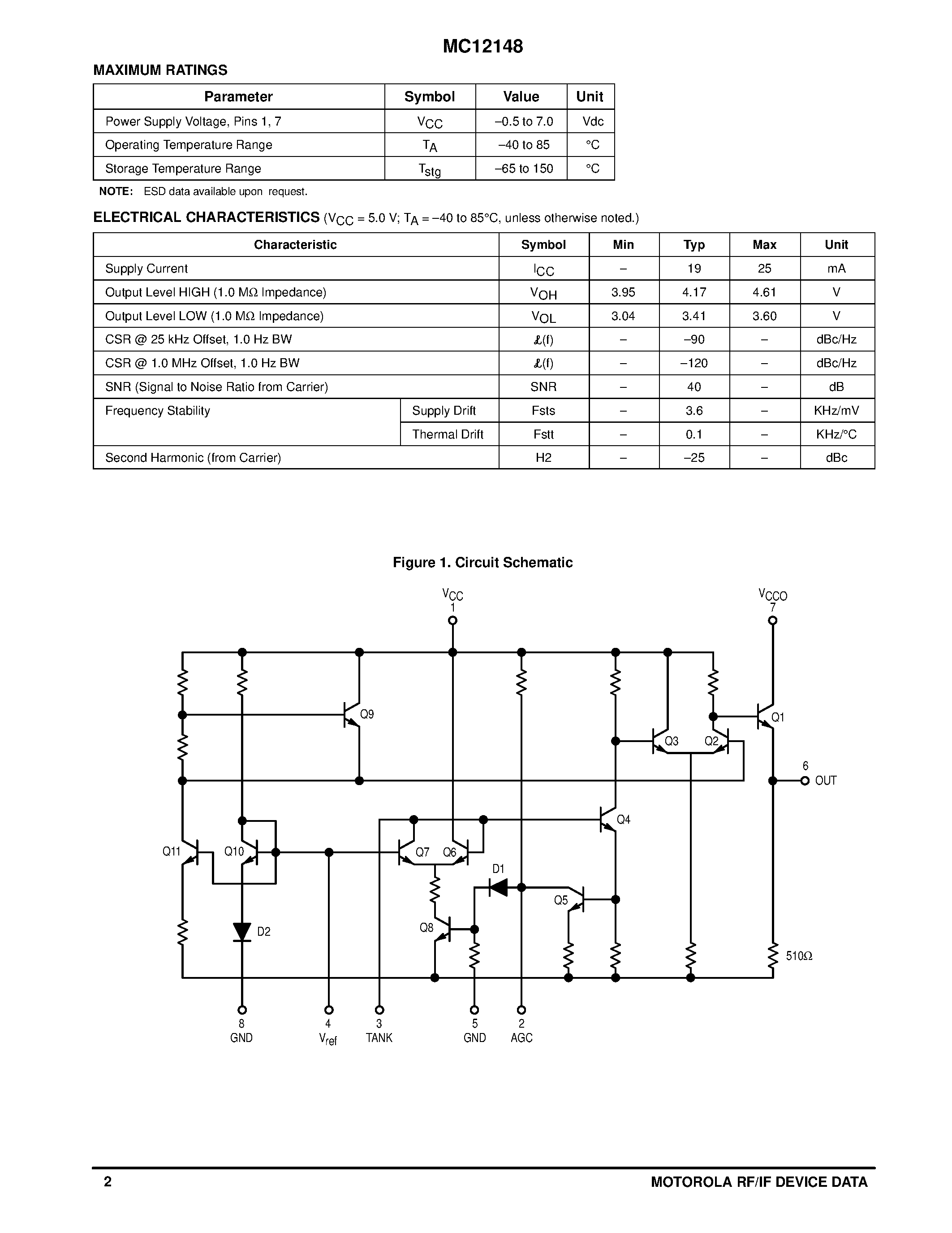 Datasheet MC12148D - LOW POWER VOLTAGE CONTROLLED OSCILLATOR page 2
